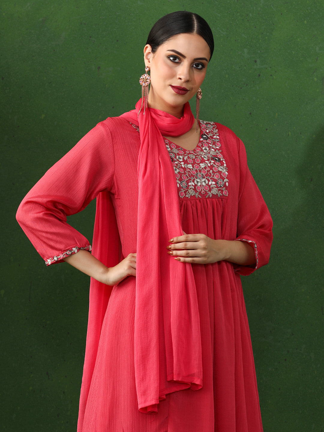 Floral Embroidered A-Line Chinon Kurta & Trousers Sets