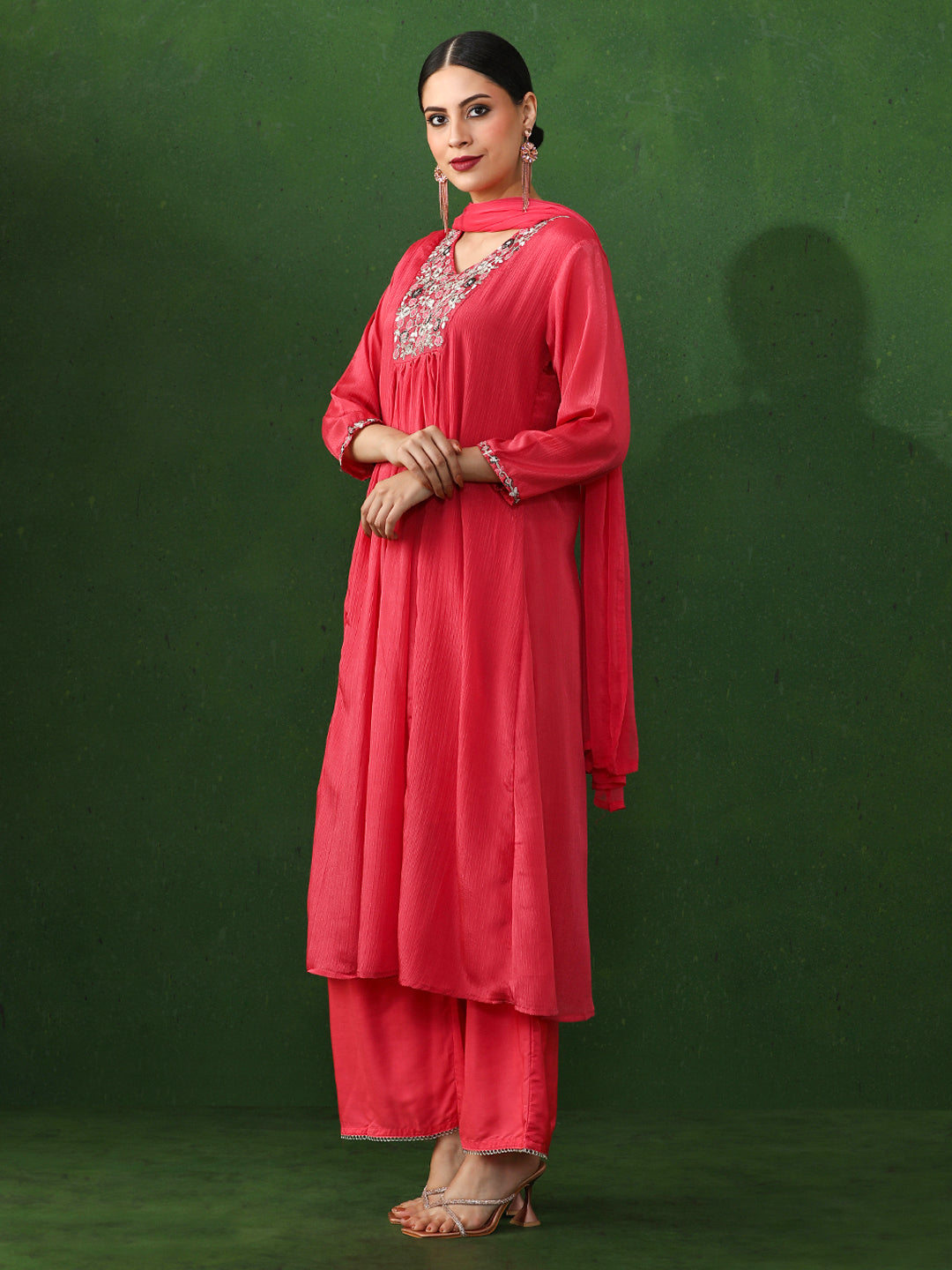 Floral Embroidered A-Line Chinon Kurta & Trousers Sets