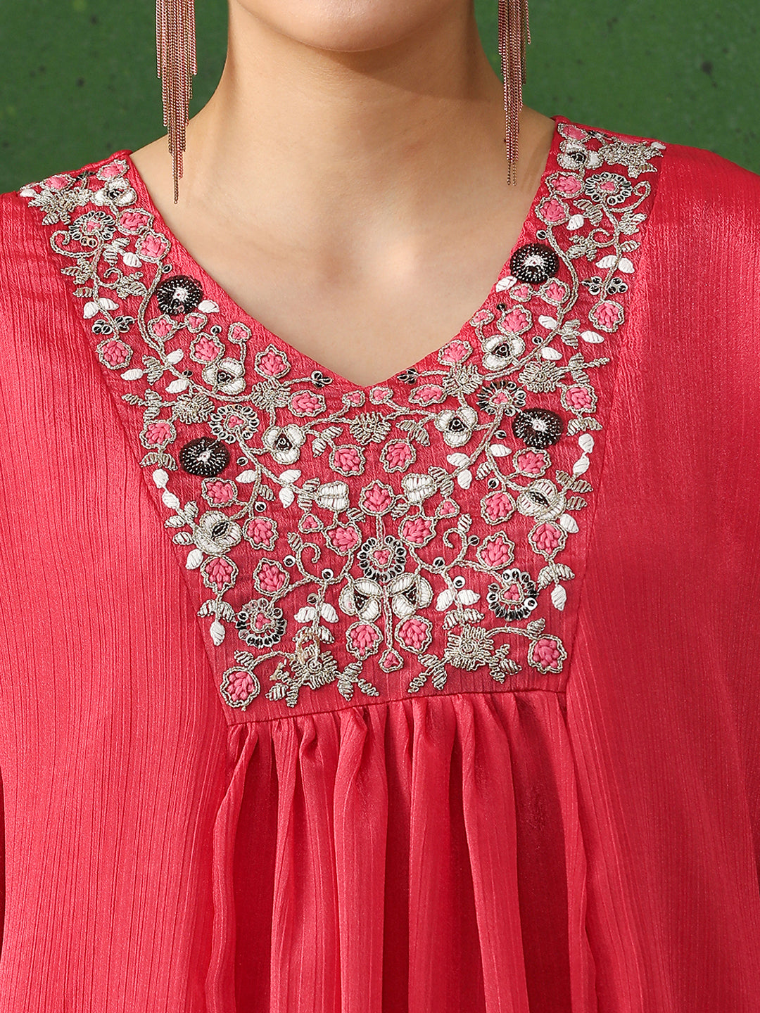 Floral Embroidered A-Line Chinon Kurta & Trousers Sets