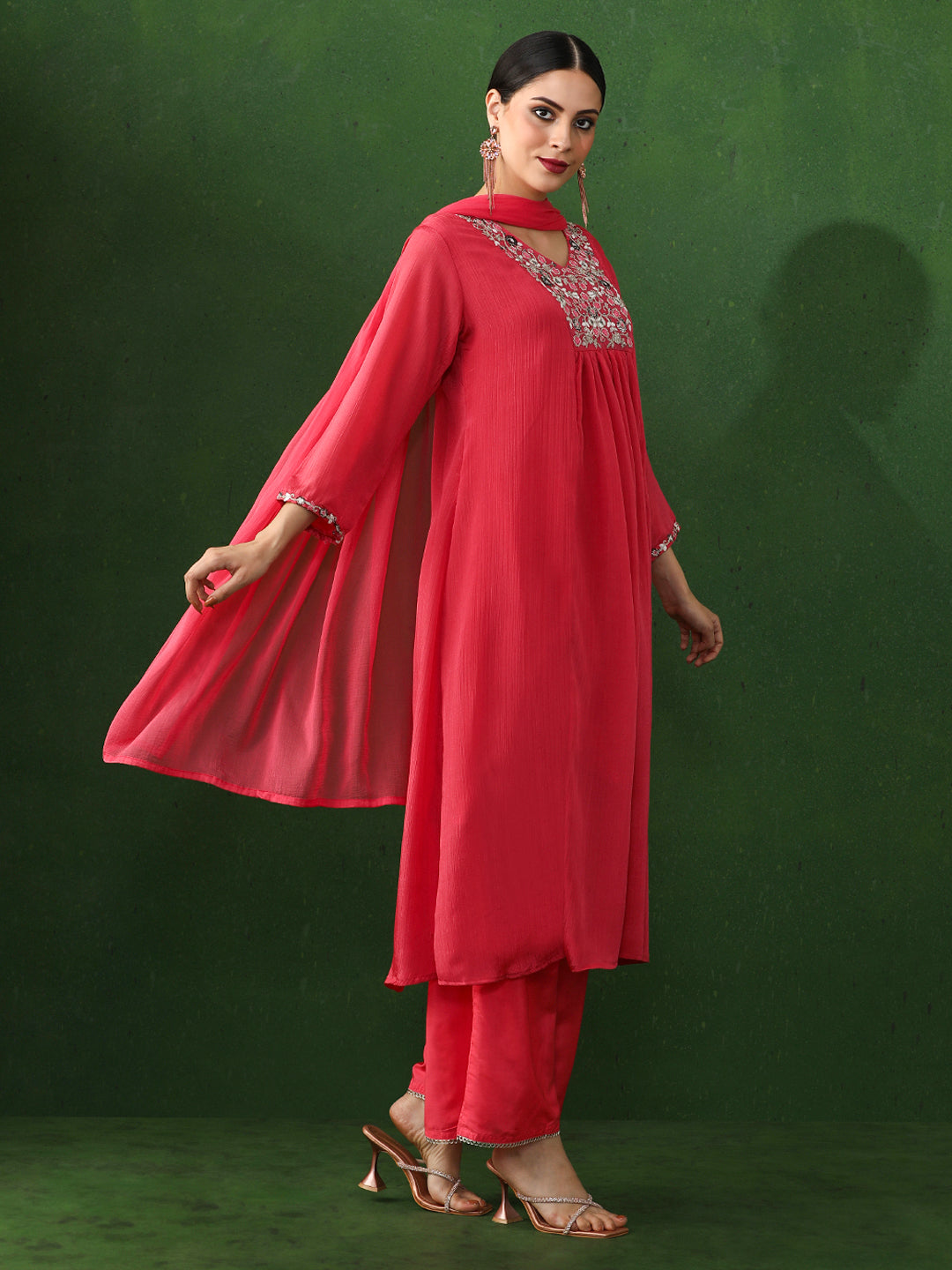 Floral Embroidered A-Line Chinon Kurta & Trousers Sets