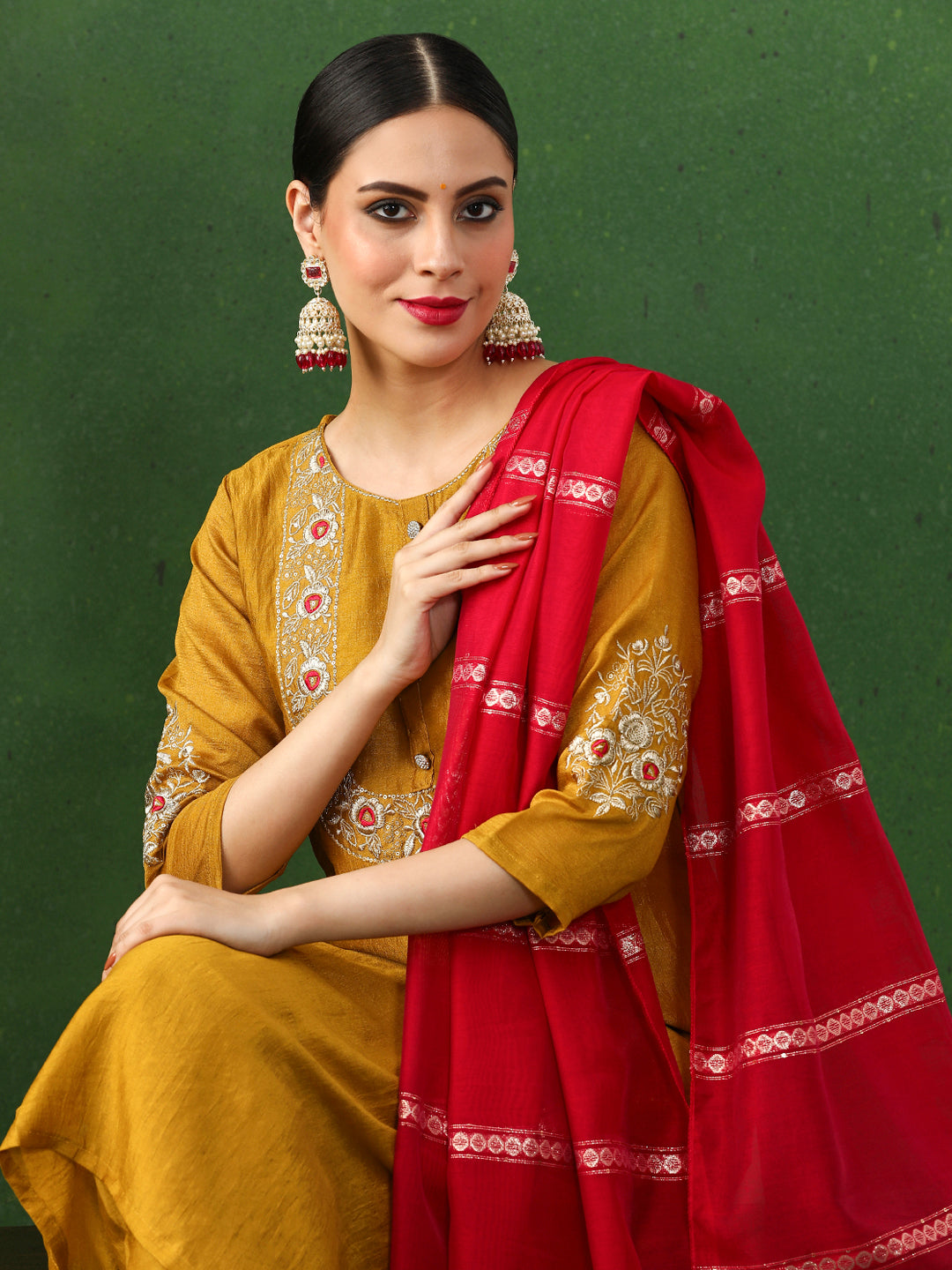 Solid Embroidered Straight Silk Blend Kurta & Trousers Sets