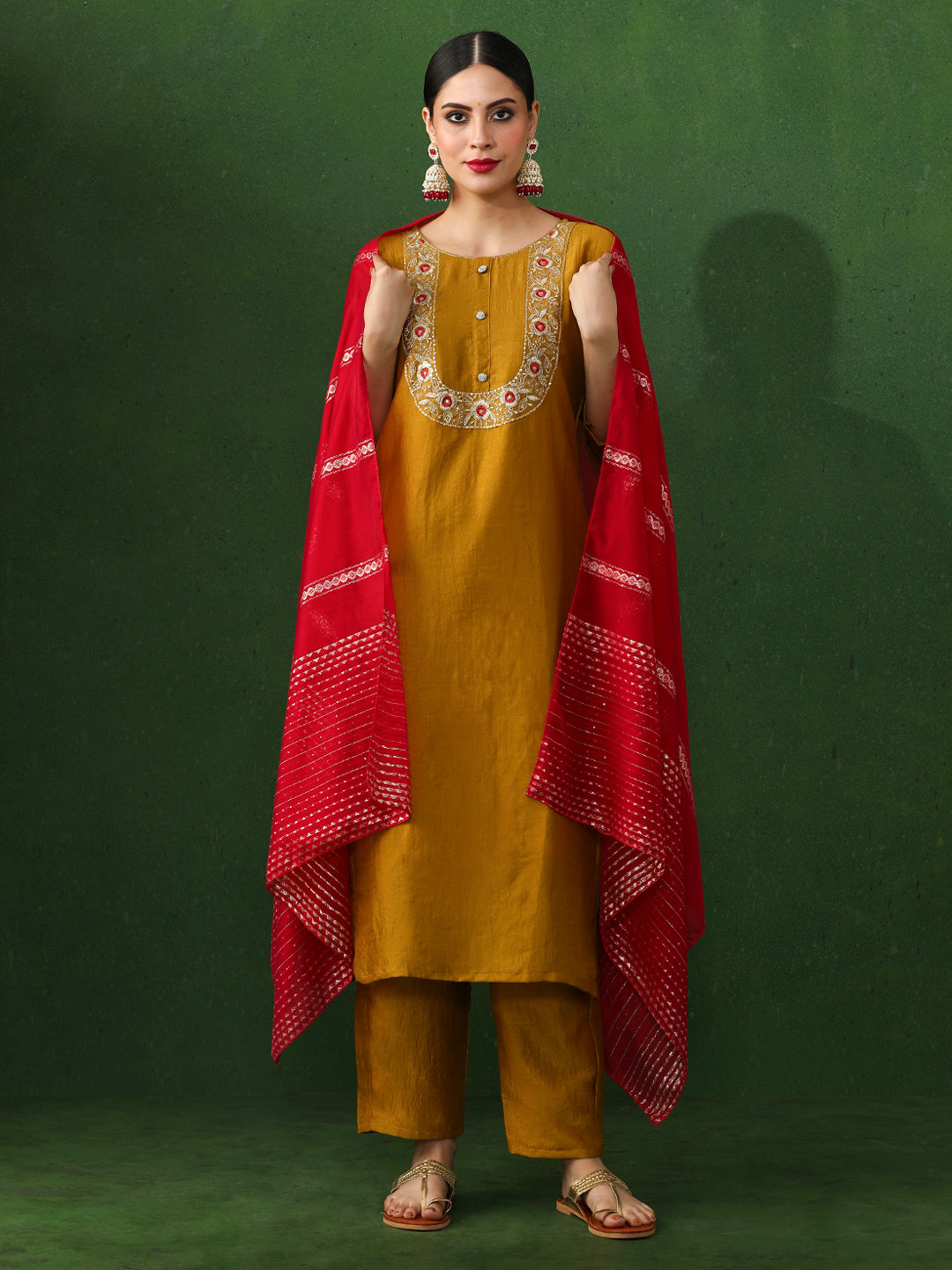 Solid Embroidered Straight Silk Blend Kurta & Trousers Sets