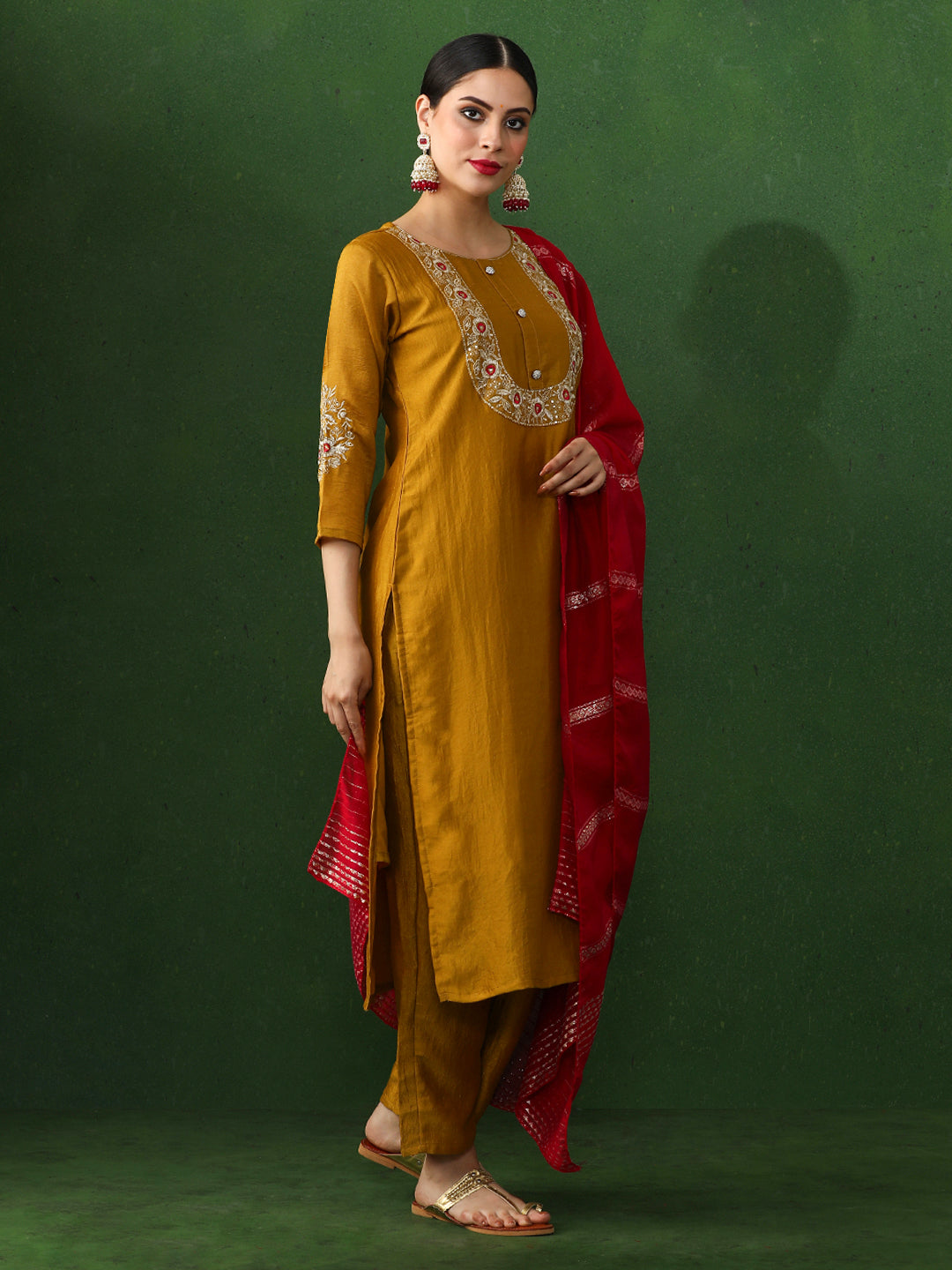 Solid Embroidered Straight Silk Blend Kurta & Trousers Sets