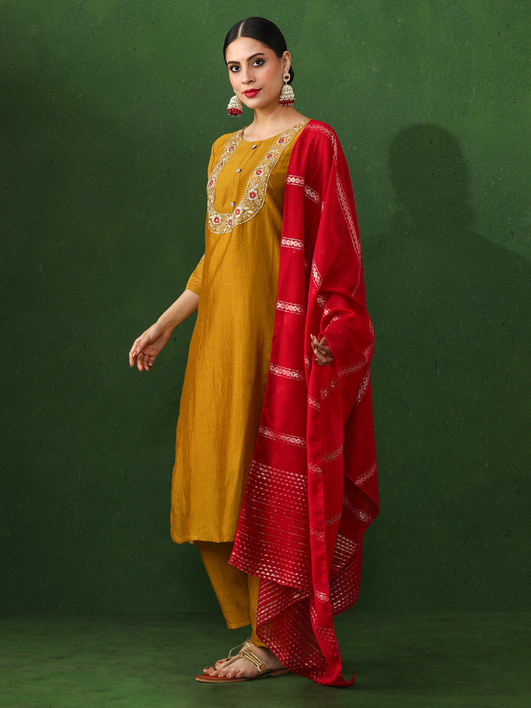 Solid Embroidered Straight Silk Blend Kurta & Trousers Sets