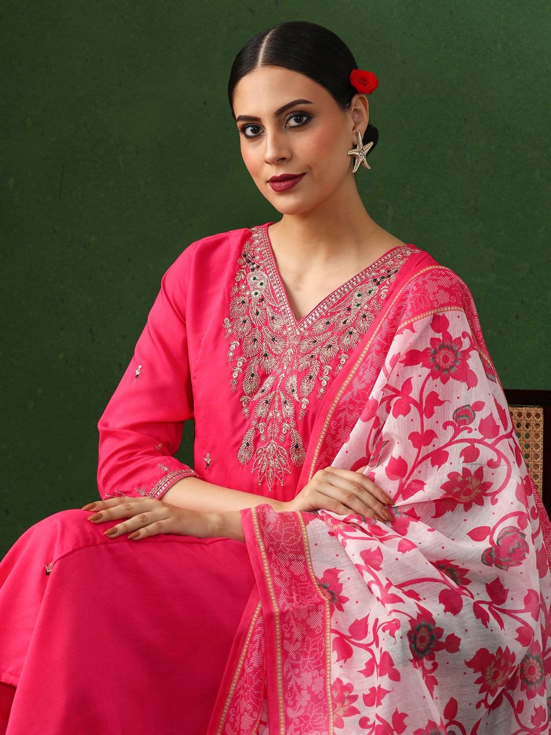Floral Embroidered A-Line Chanderi Silk Kurta & Trousers Sets