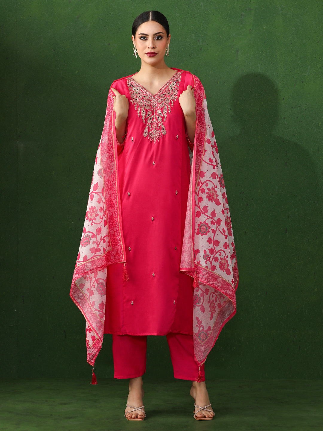 Floral Embroidered A-Line Chanderi Silk Kurta & Trousers Sets