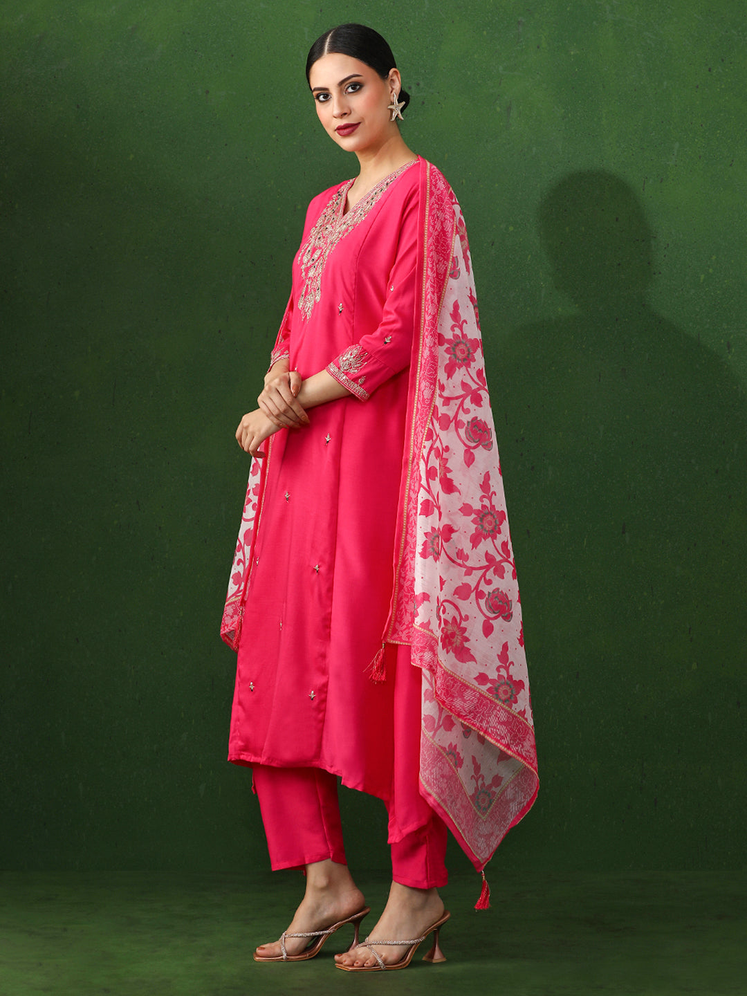 Floral Embroidered A-Line Chanderi Silk Kurta & Trousers Sets