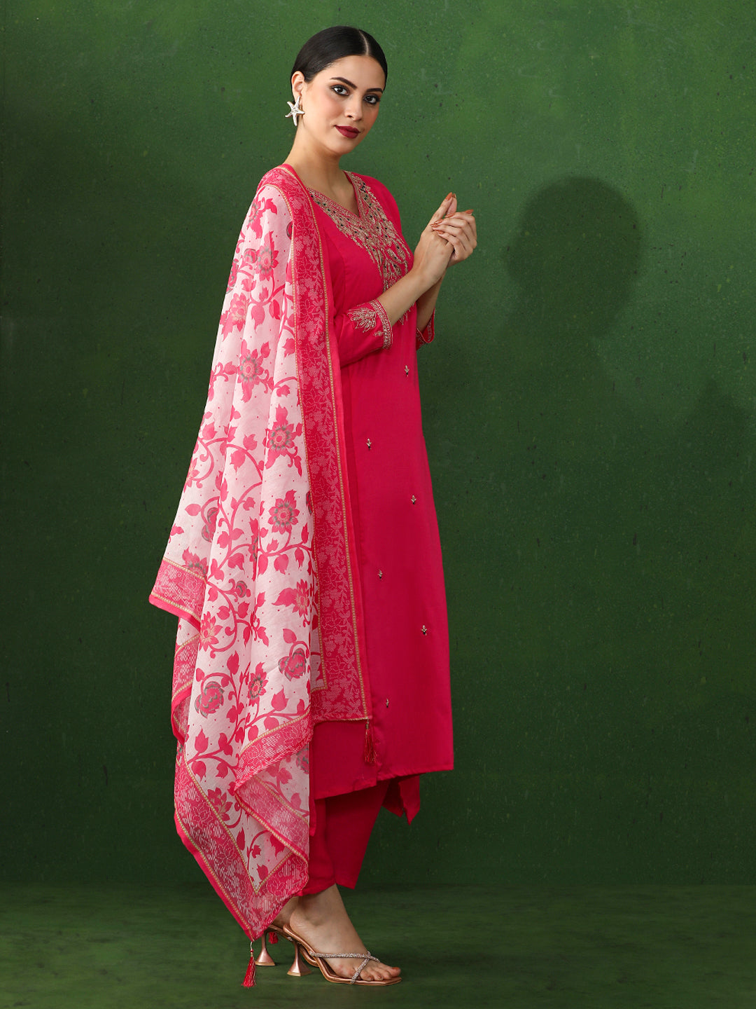 Floral Embroidered A-Line Chanderi Silk Kurta & Trousers Sets
