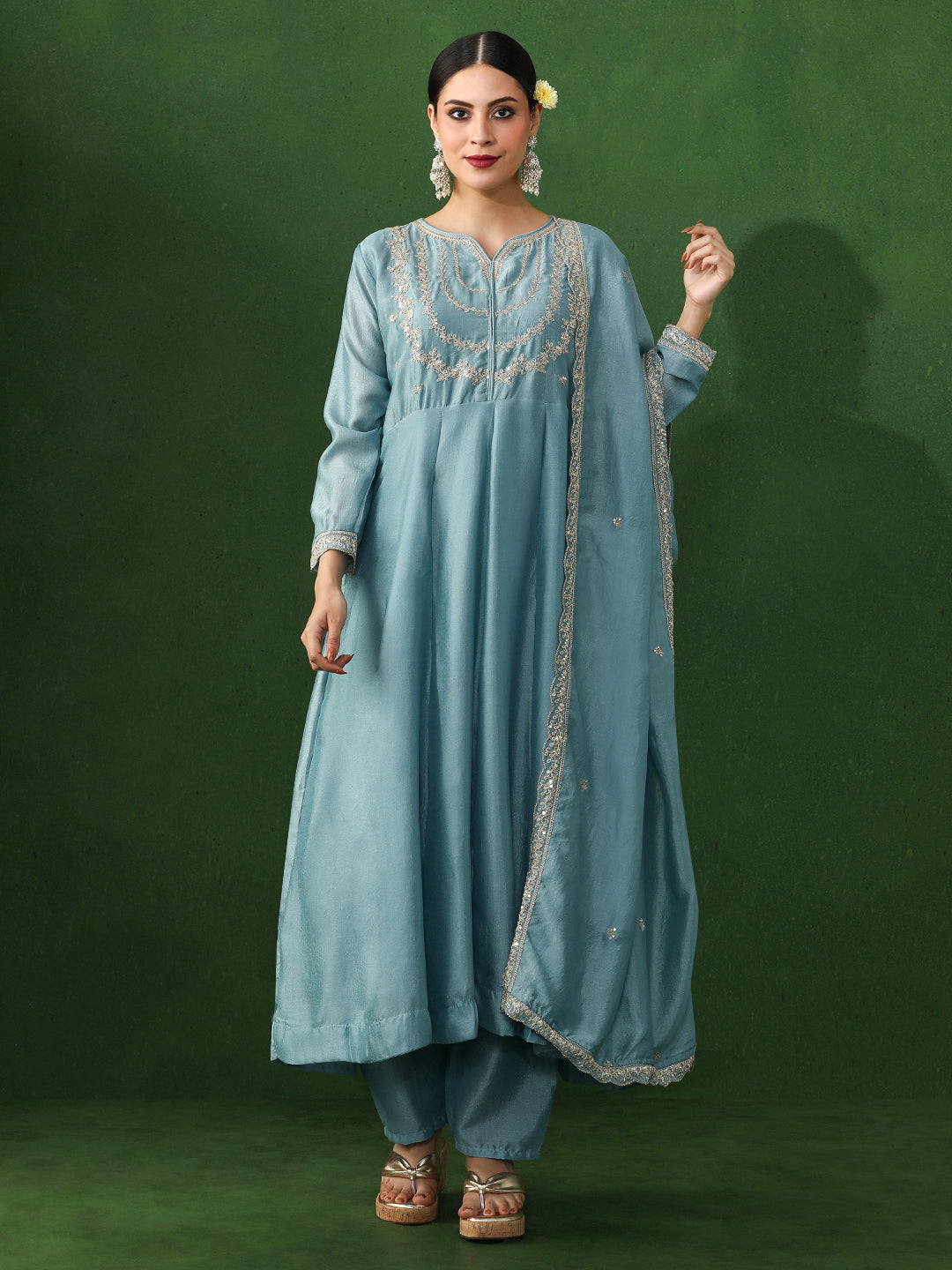 Floral Embroidered A-Line Silk Blend Kurta & Trousers Sets