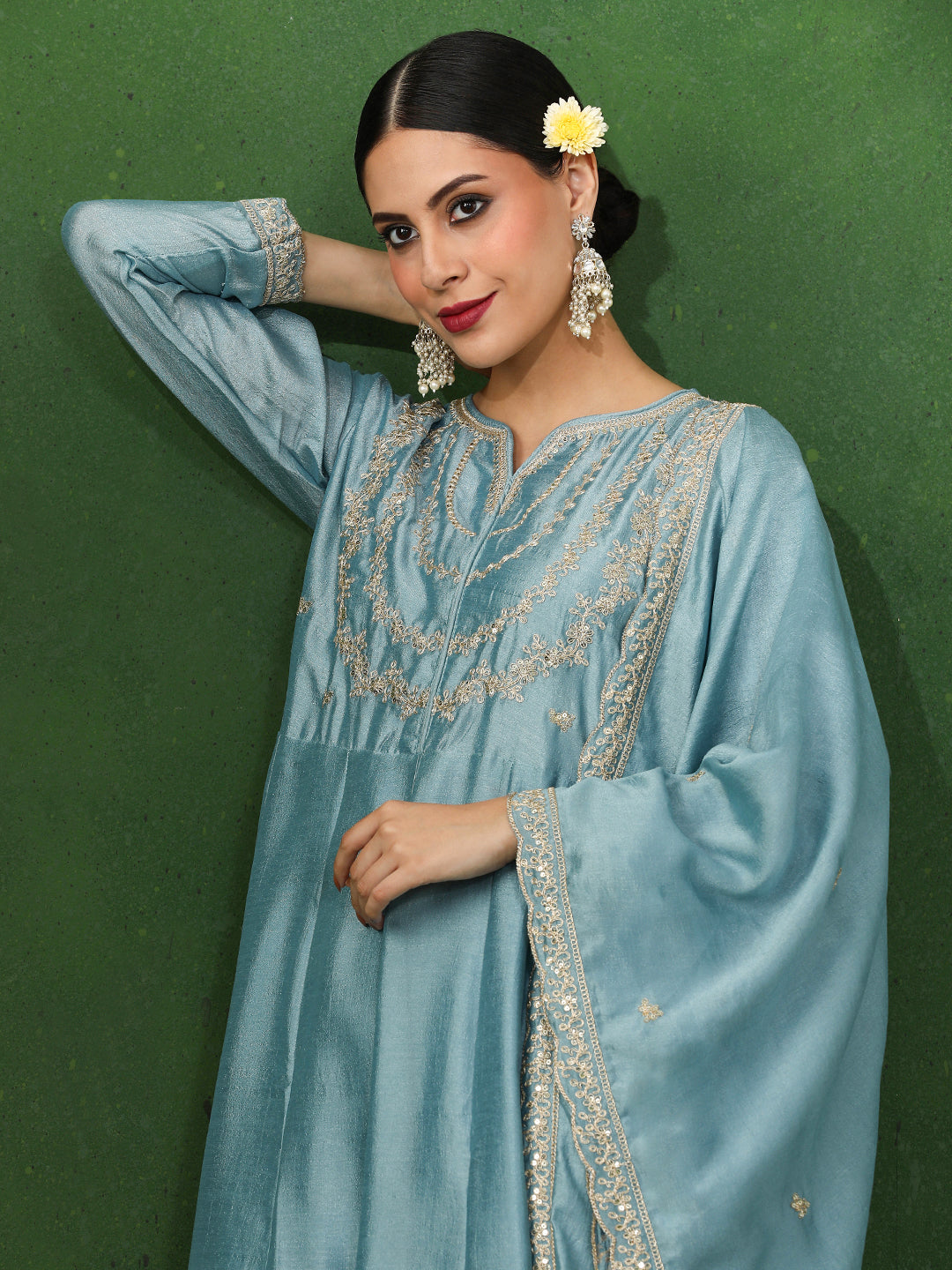 Floral Embroidered A-Line Silk Blend Kurta & Trousers Sets