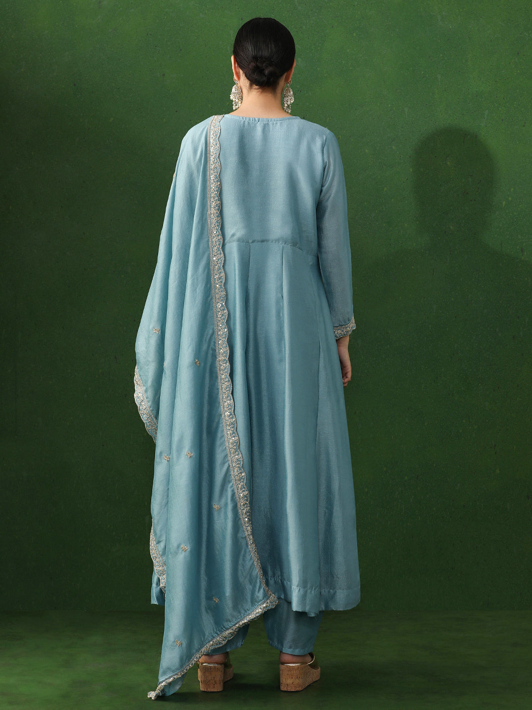 Floral Embroidered A-Line Silk Blend Kurta & Trousers Sets