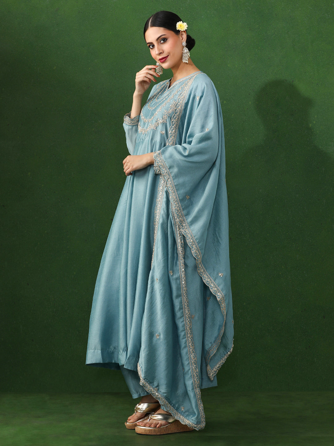 Floral Embroidered A-Line Silk Blend Kurta & Trousers Sets