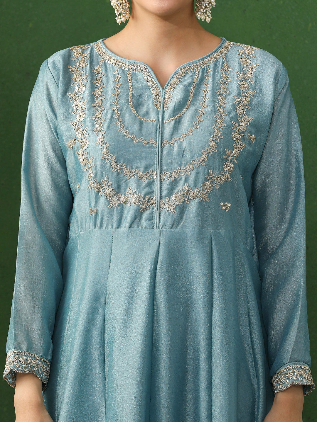 Floral Embroidered A-Line Silk Blend Kurta & Trousers Sets