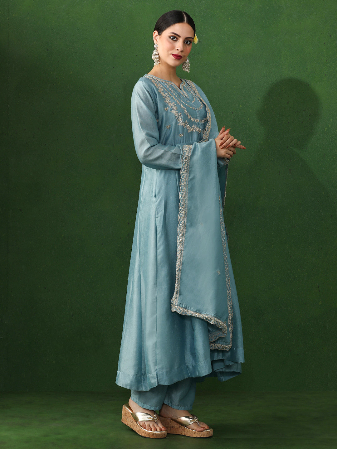 Floral Embroidered A-Line Silk Blend Kurta & Trousers Sets