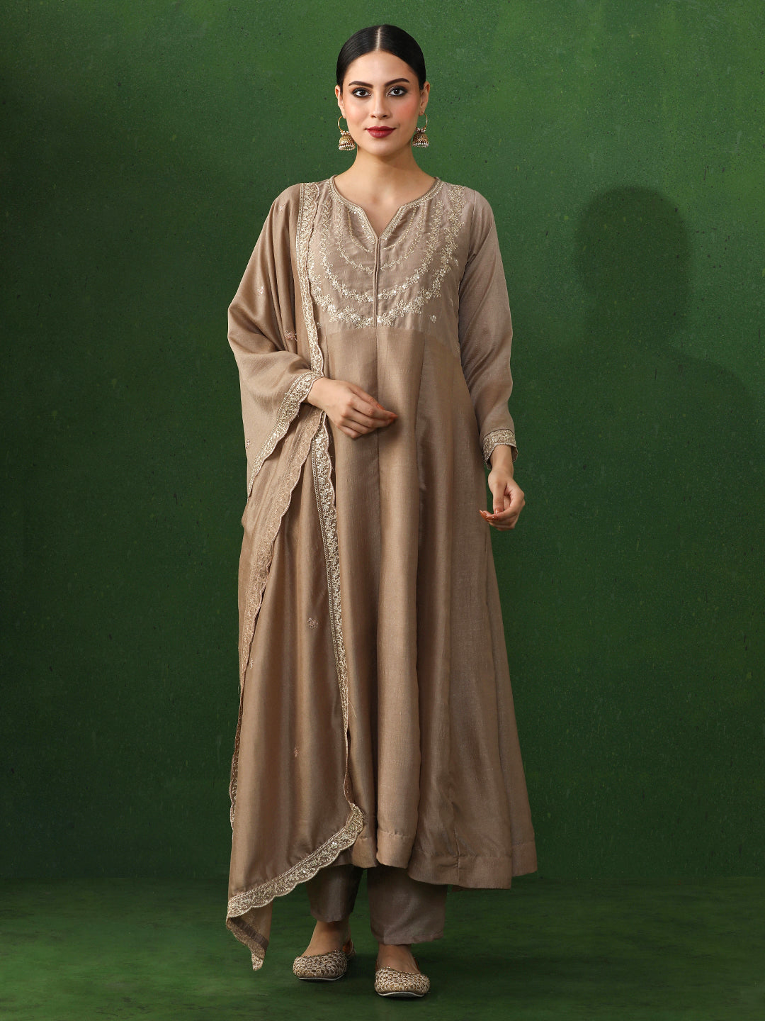 Floral Embroidered A-Line Silk Blend Kurta & Trousers Sets