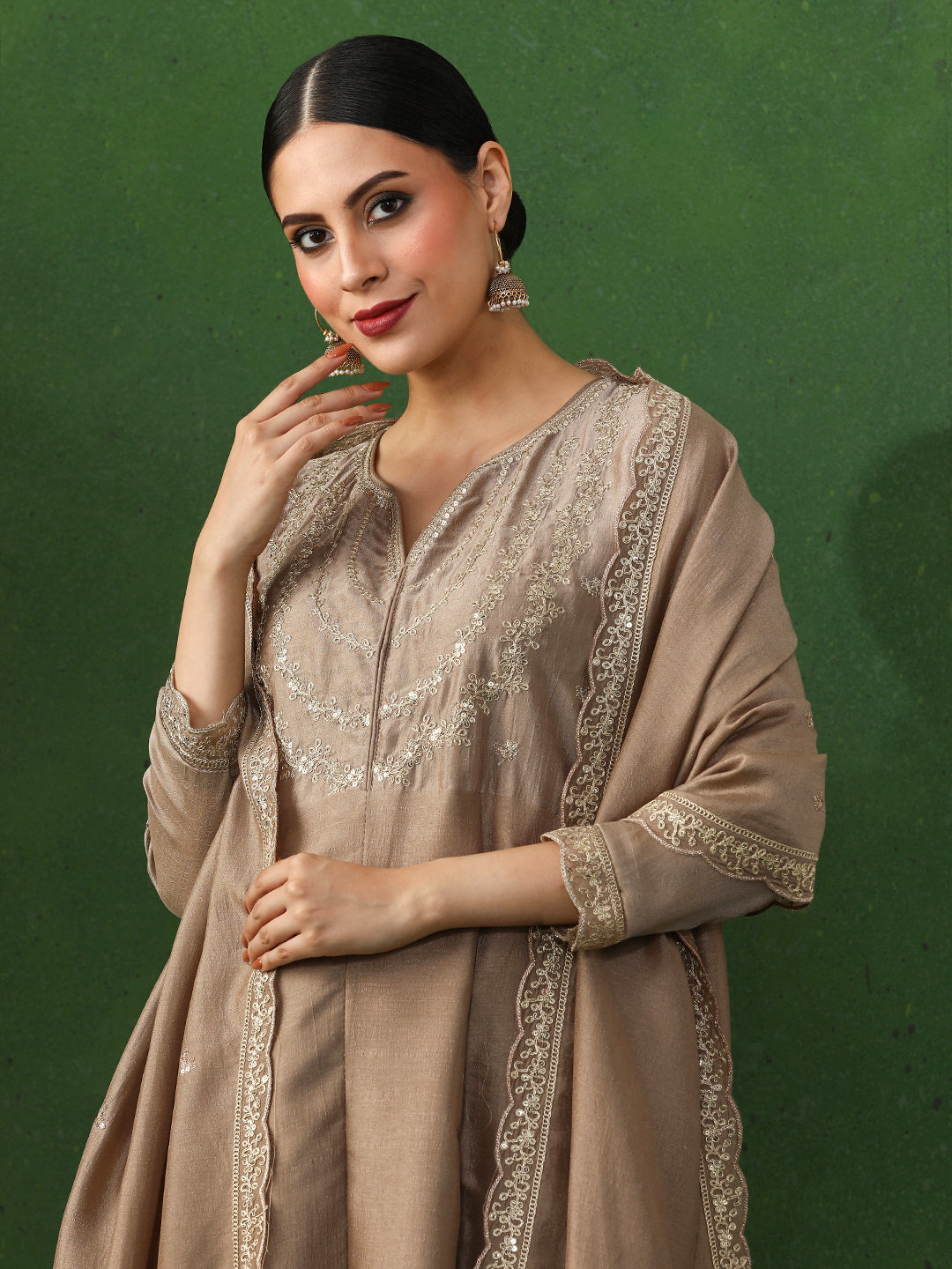 Floral Embroidered A-Line Silk Blend Kurta & Trousers Sets