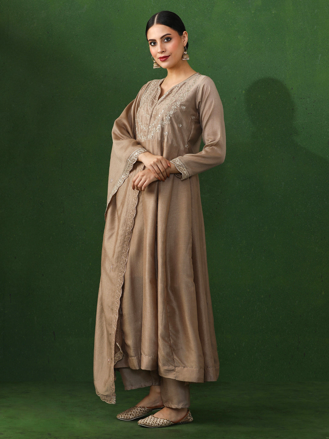 Floral Embroidered A-Line Silk Blend Kurta & Trousers Sets