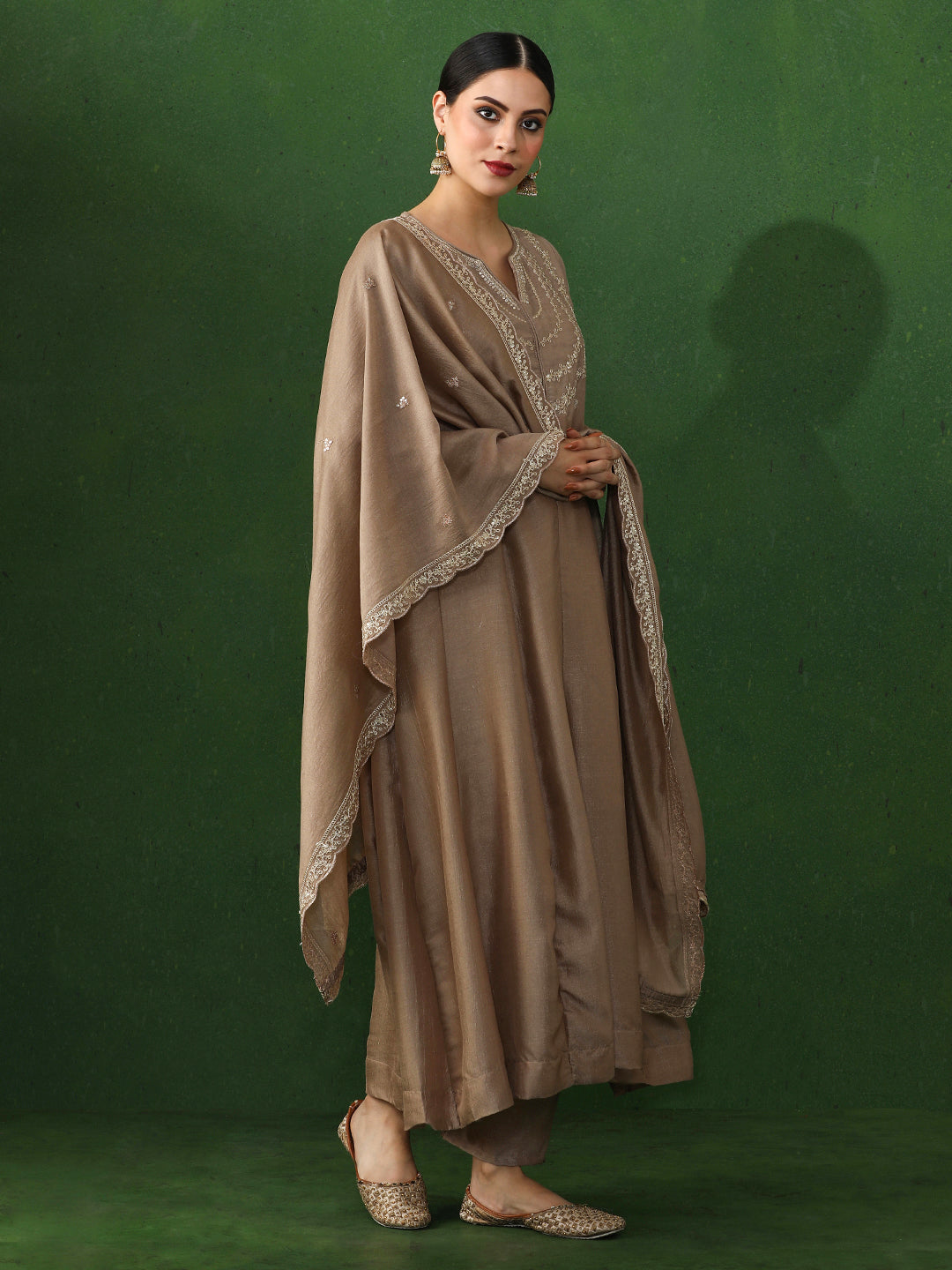 Floral Embroidered A-Line Silk Blend Kurta & Trousers Sets