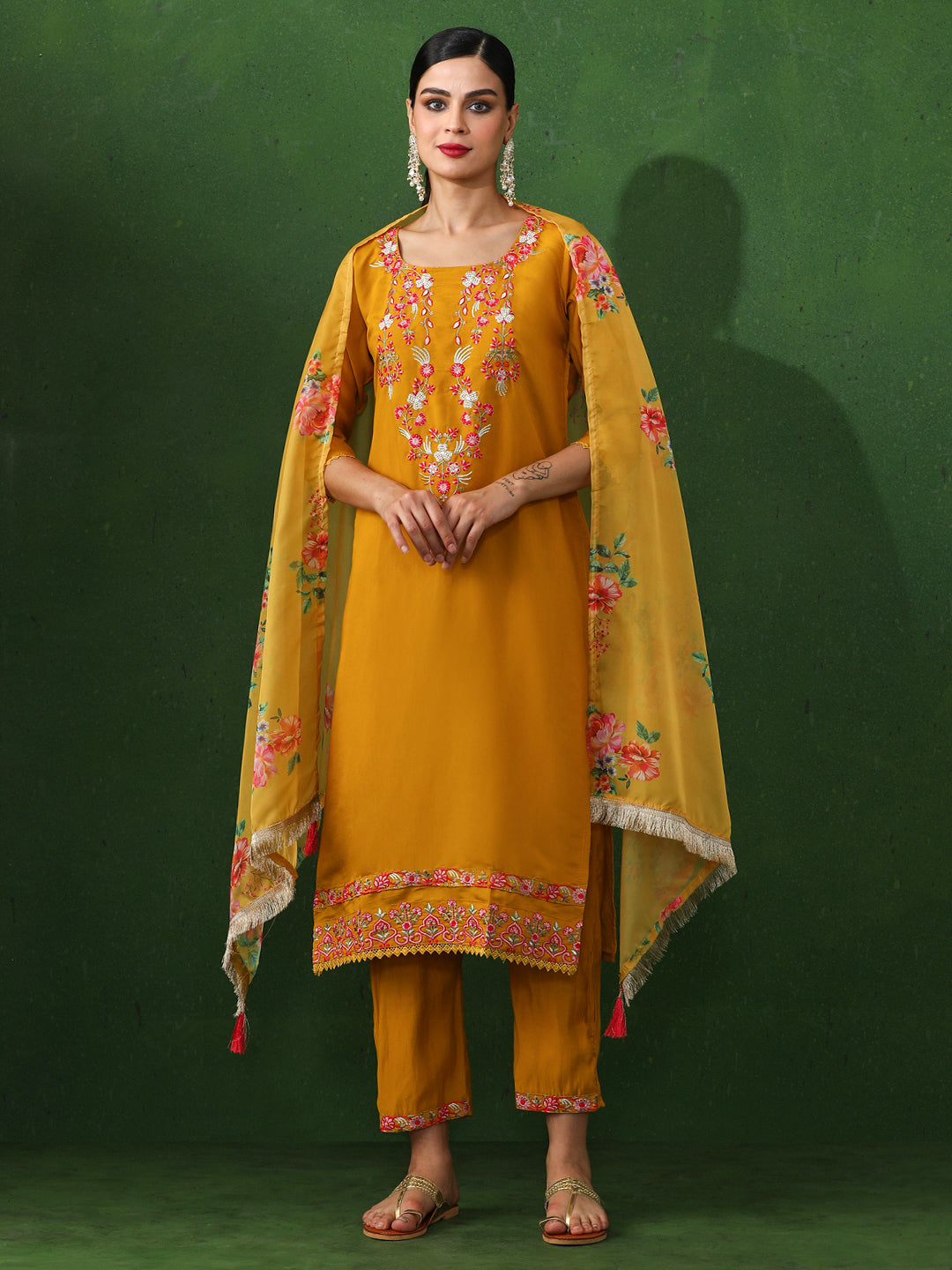 Floral Embroidered Straight Chanderi Silk Kurta & Trousers Sets