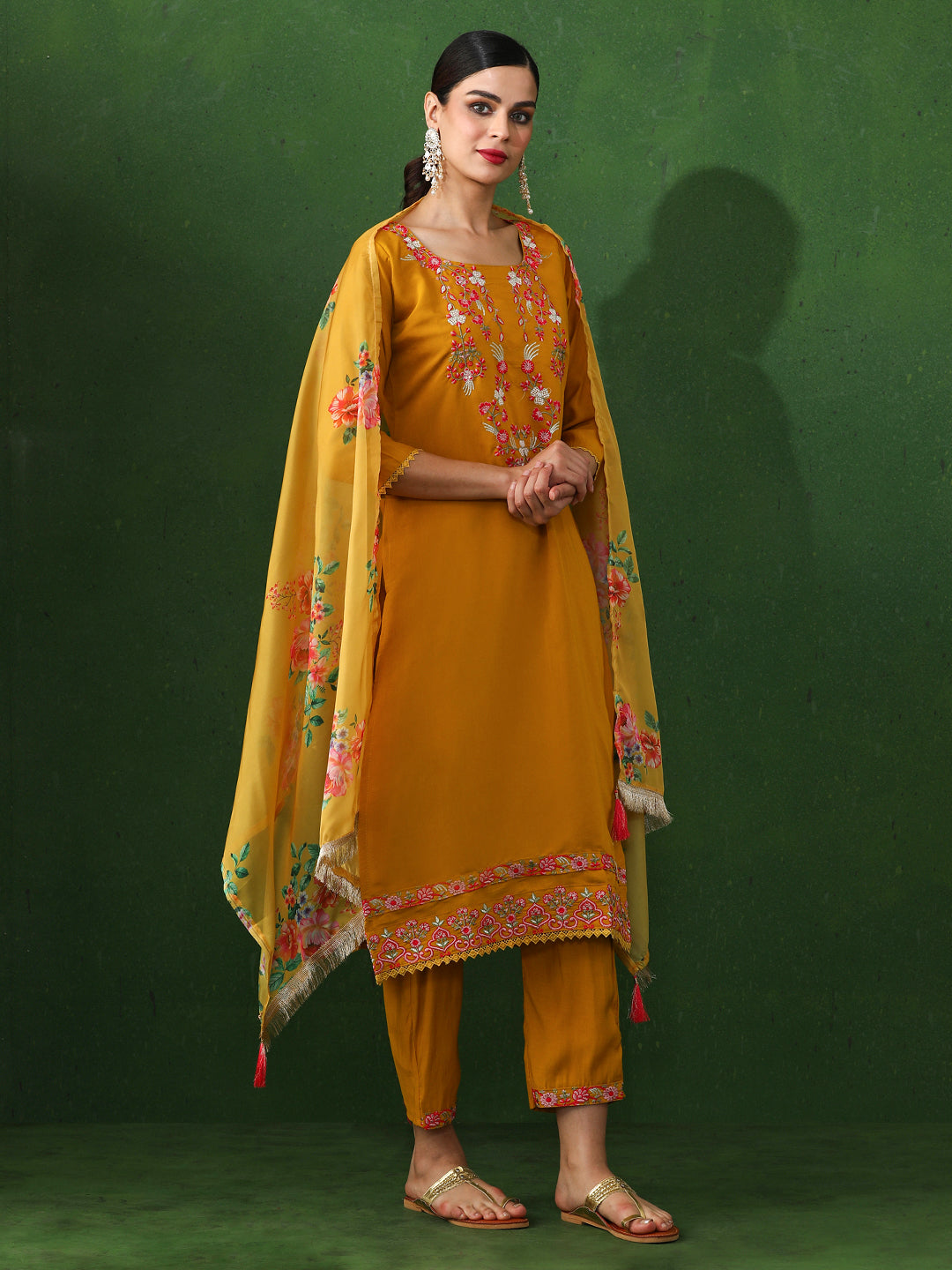 Floral Embroidered Straight Chanderi Silk Kurta & Trousers Sets