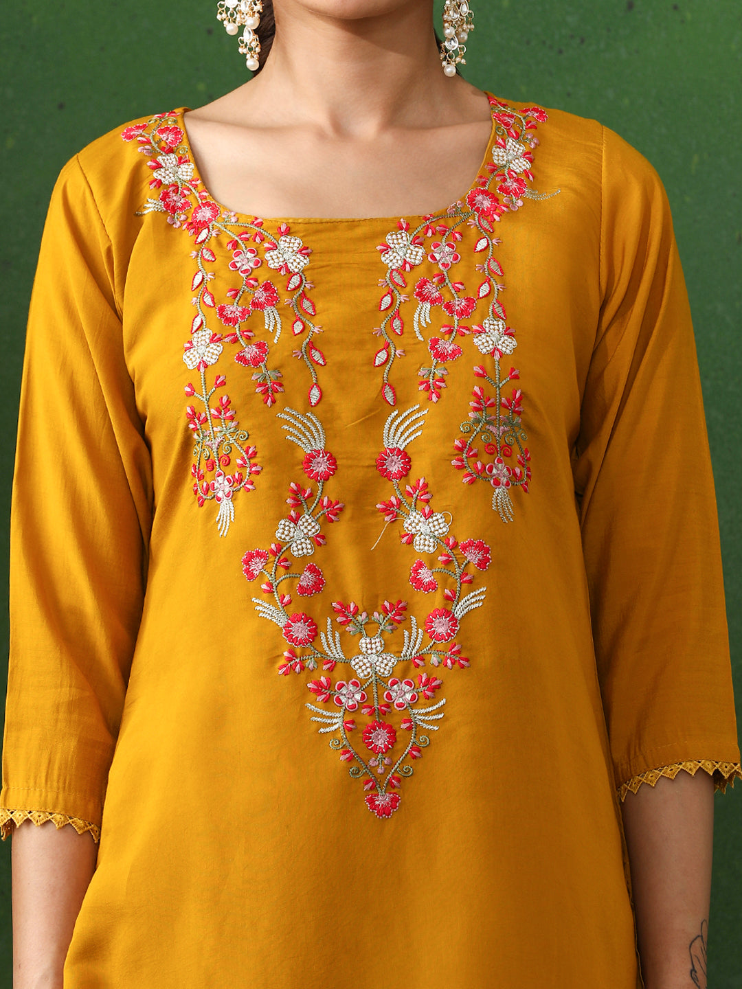 Floral Embroidered Straight Chanderi Silk Kurta & Trousers Sets