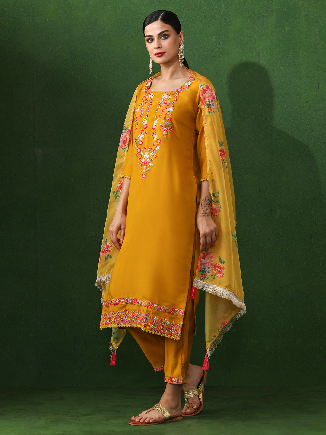 Floral Embroidered Straight Chanderi Silk Kurta & Trousers Sets