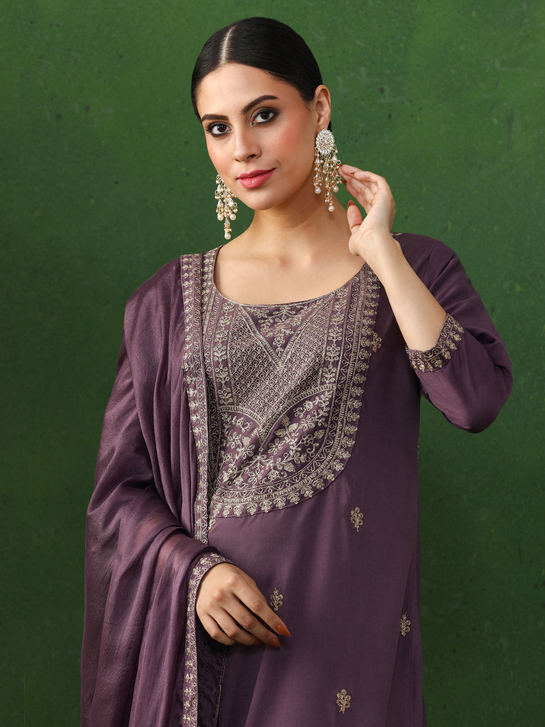 Floral Embroidered Straight Chanderi Silk Kurta & Trousers Sets