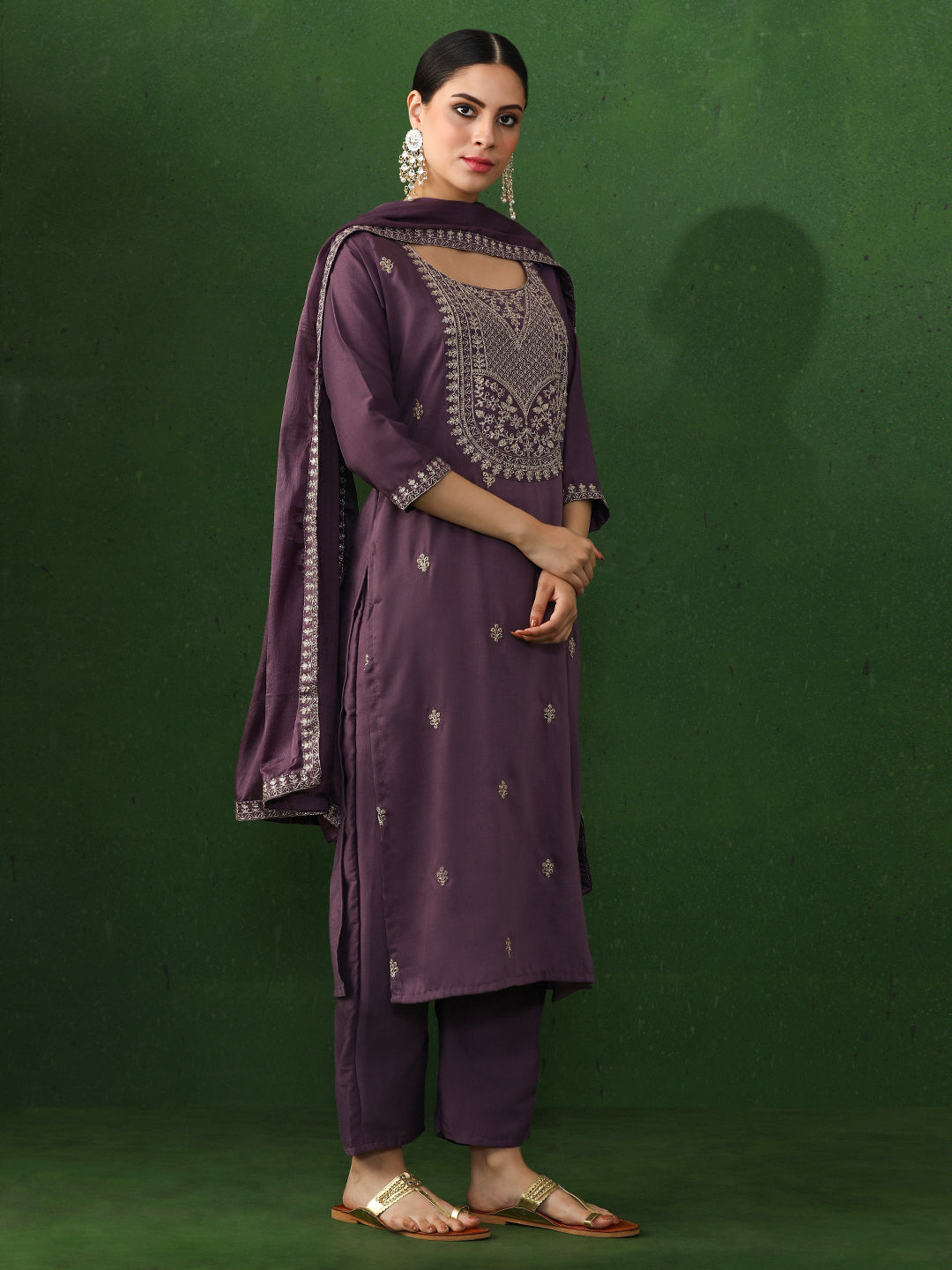 Floral Embroidered Straight Chanderi Silk Kurta & Trousers Sets