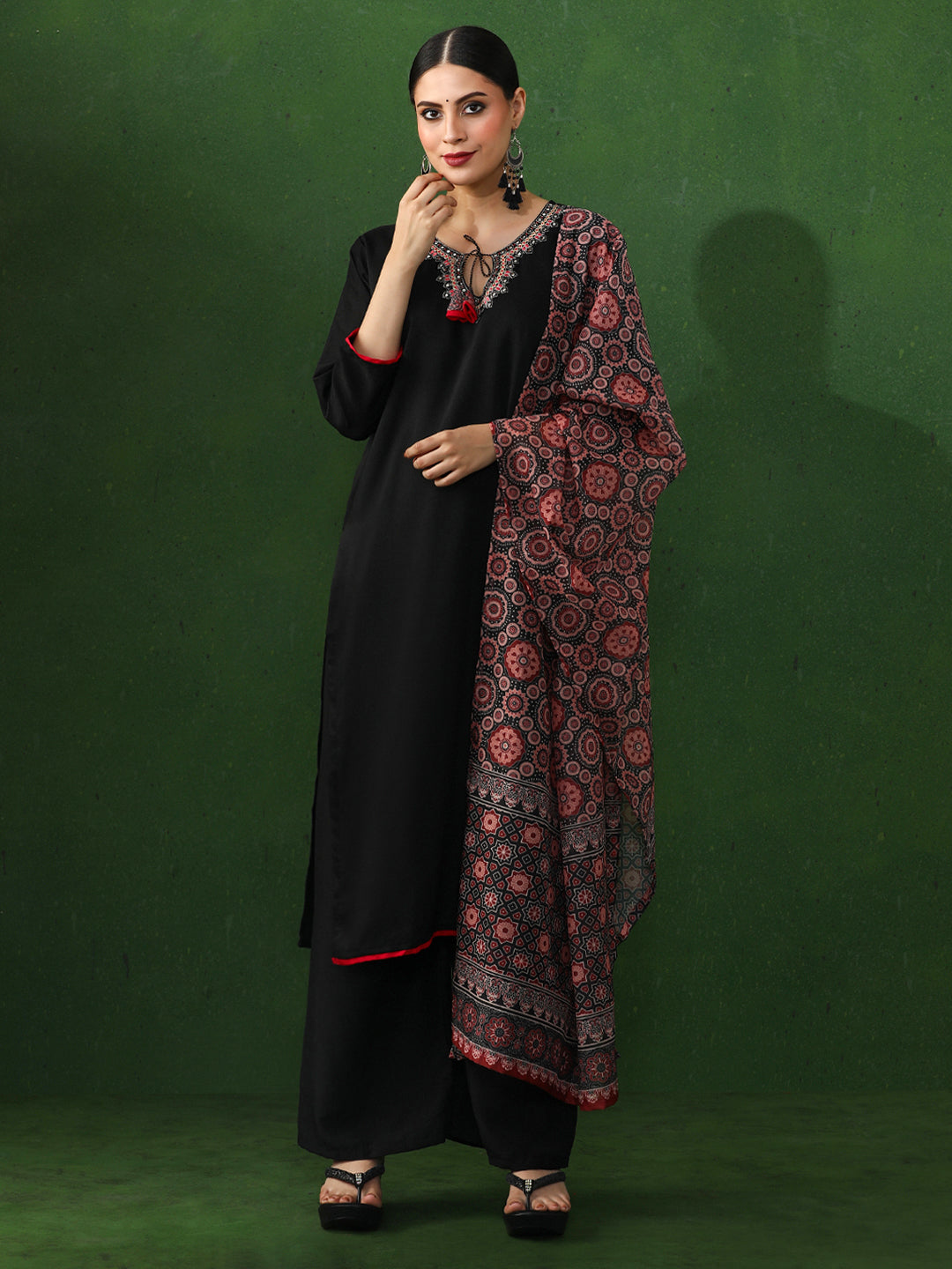 Solid Embroidered Straight Kurta & Trousers Sets