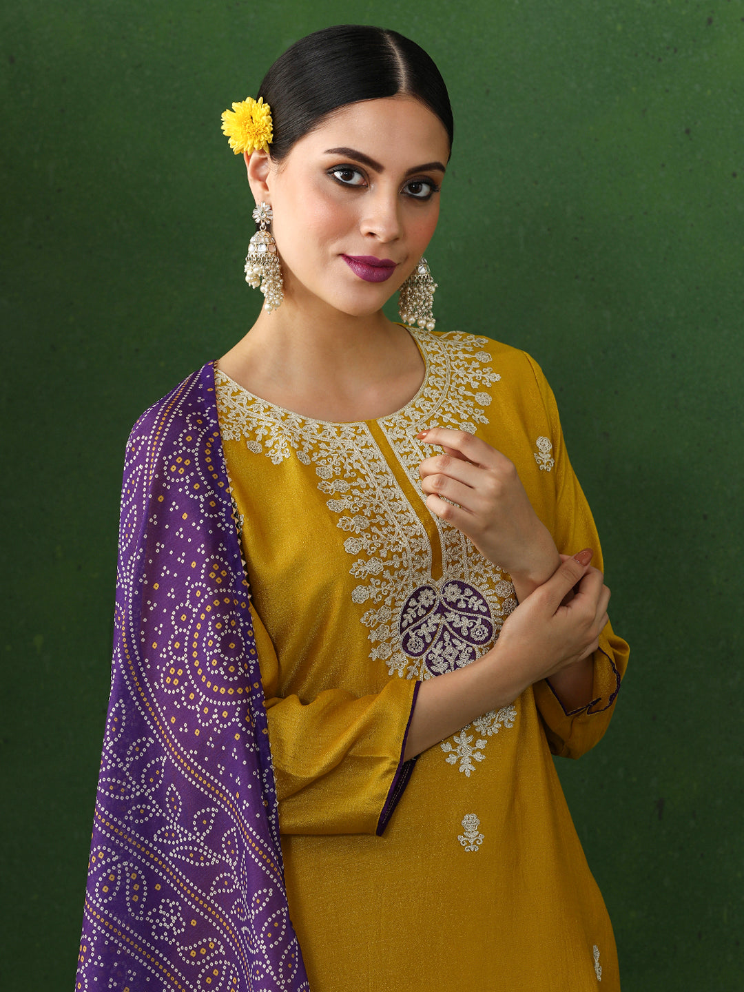 Floral Embroidered Straight Silk Blend Kurta & Trousers Sets
