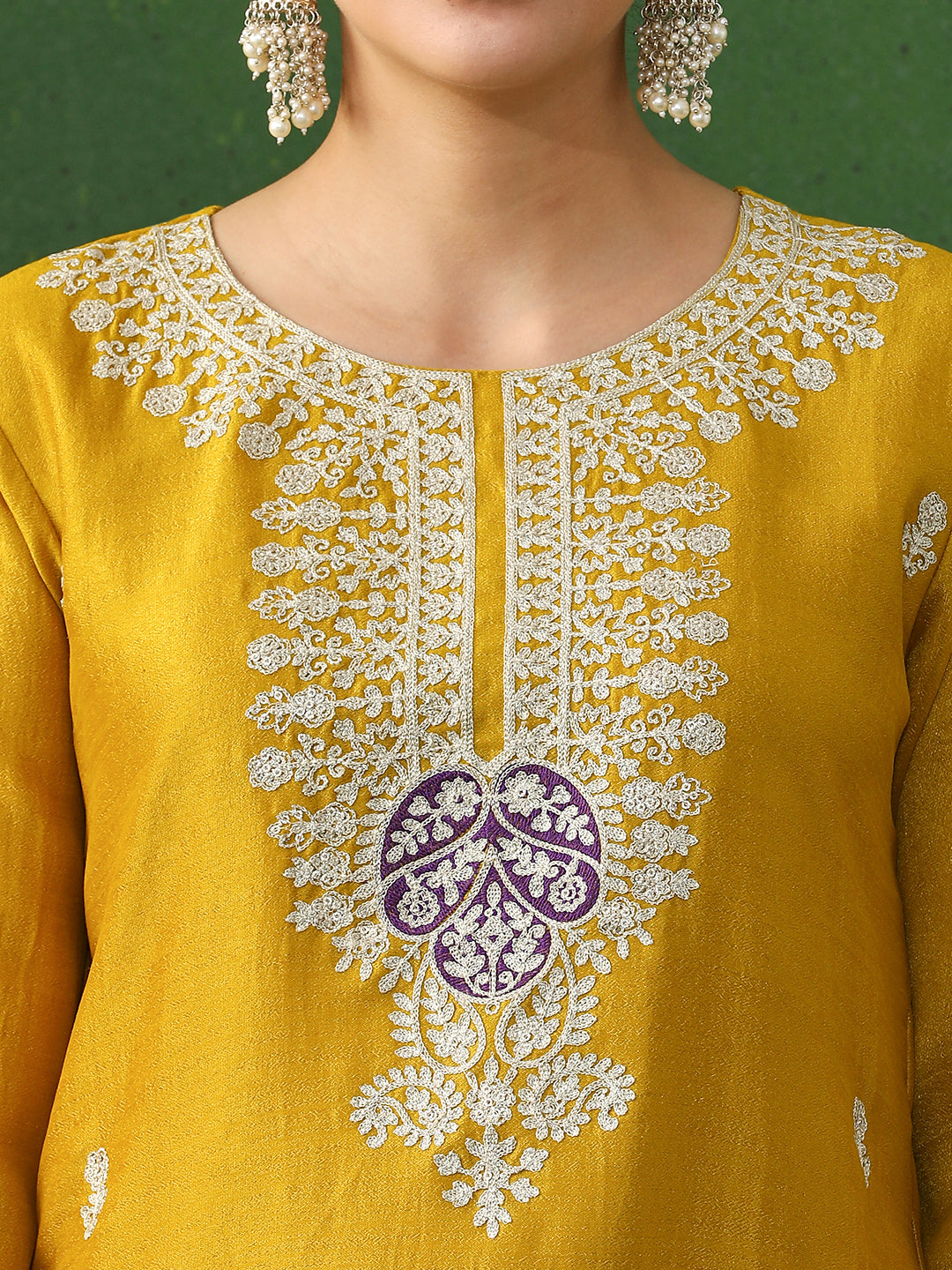 Floral Embroidered Straight Silk Blend Kurta & Trousers Sets