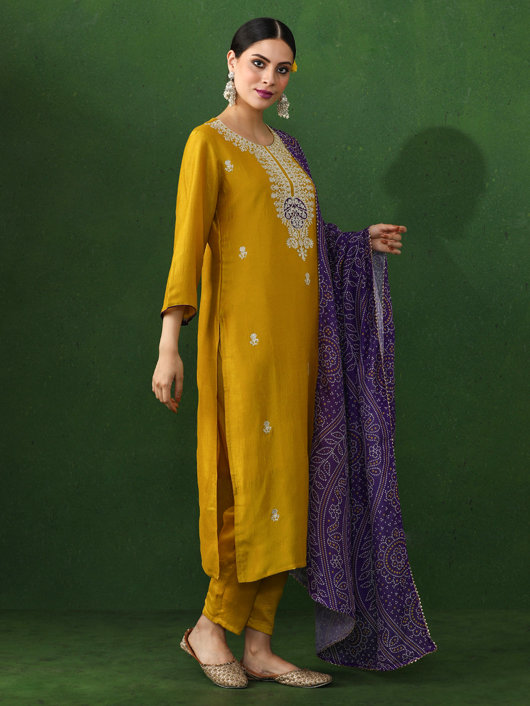 Floral Embroidered Straight Silk Blend Kurta & Trousers Sets