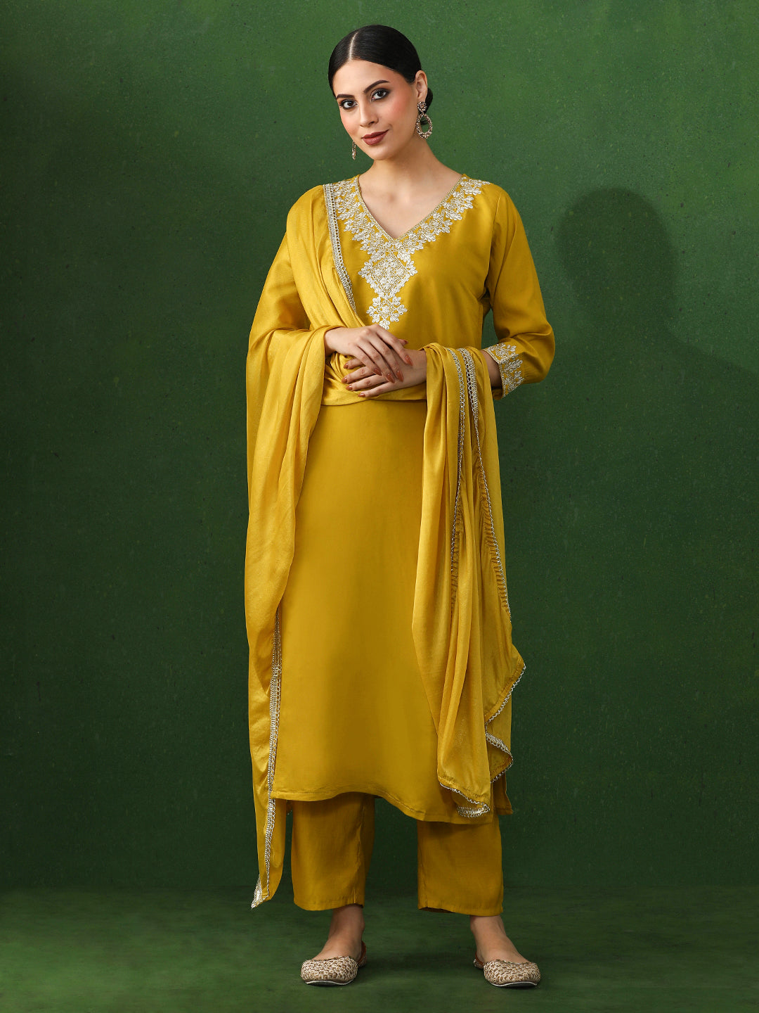 Solid Embroidered Straight Chanderi Silk Kurta & Trousers Sets