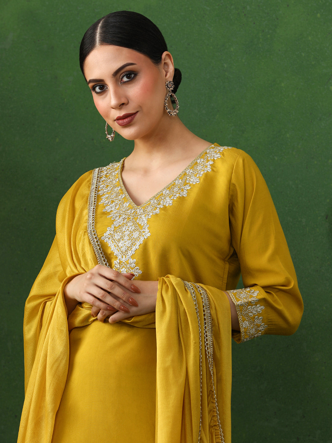 Solid Embroidered Straight Chanderi Silk Kurta & Trousers Sets