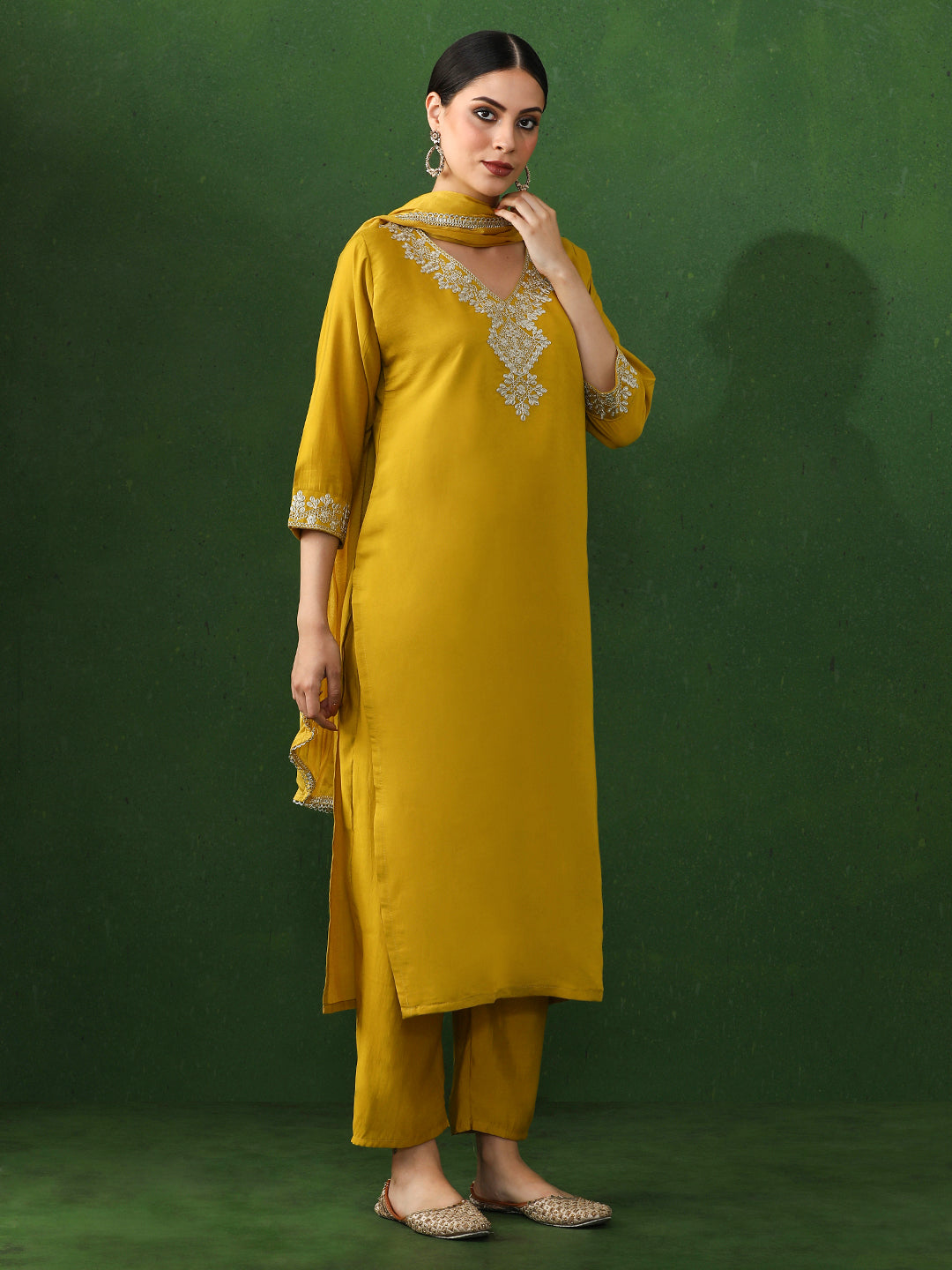 Solid Embroidered Straight Chanderi Silk Kurta & Trousers Sets