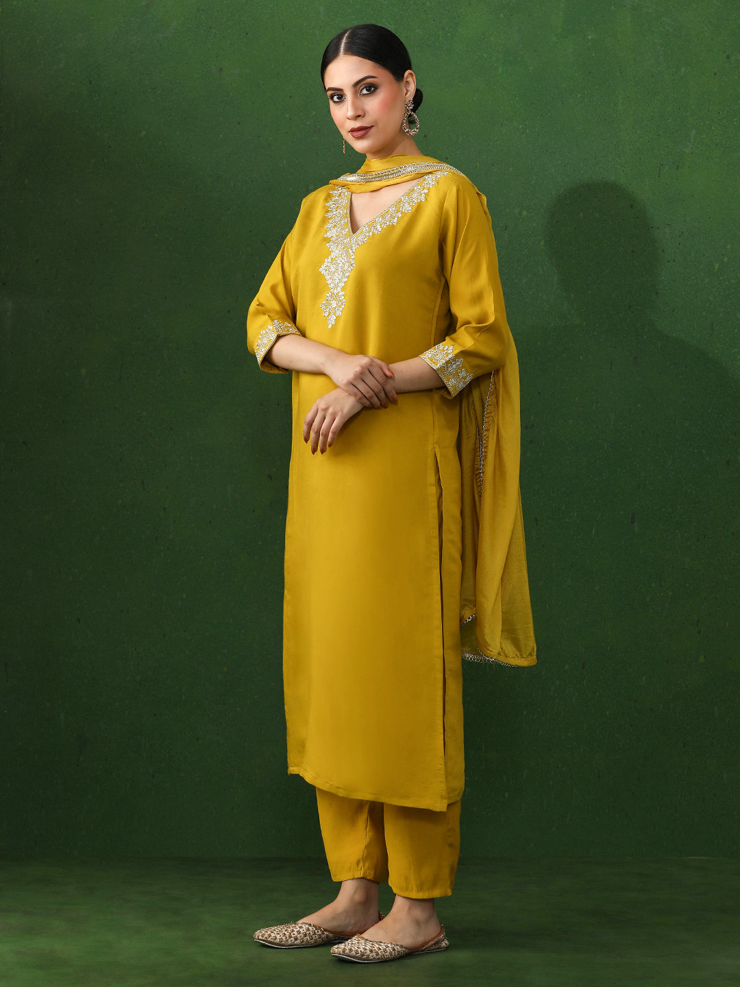 Solid Embroidered Straight Chanderi Silk Kurta & Trousers Sets