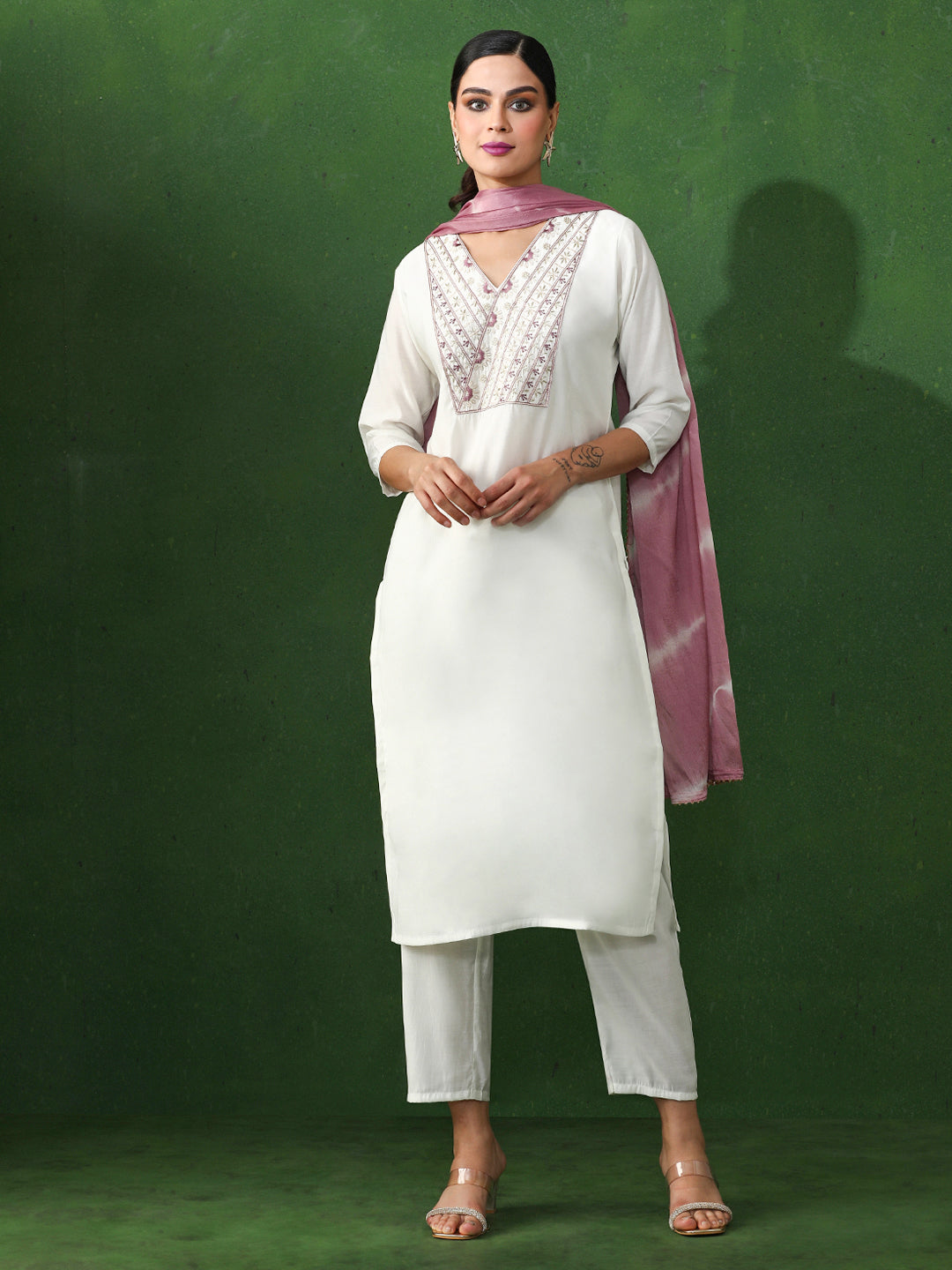 Solid Embroidered Straight Chanderi Silk Kurta & Trousers Sets