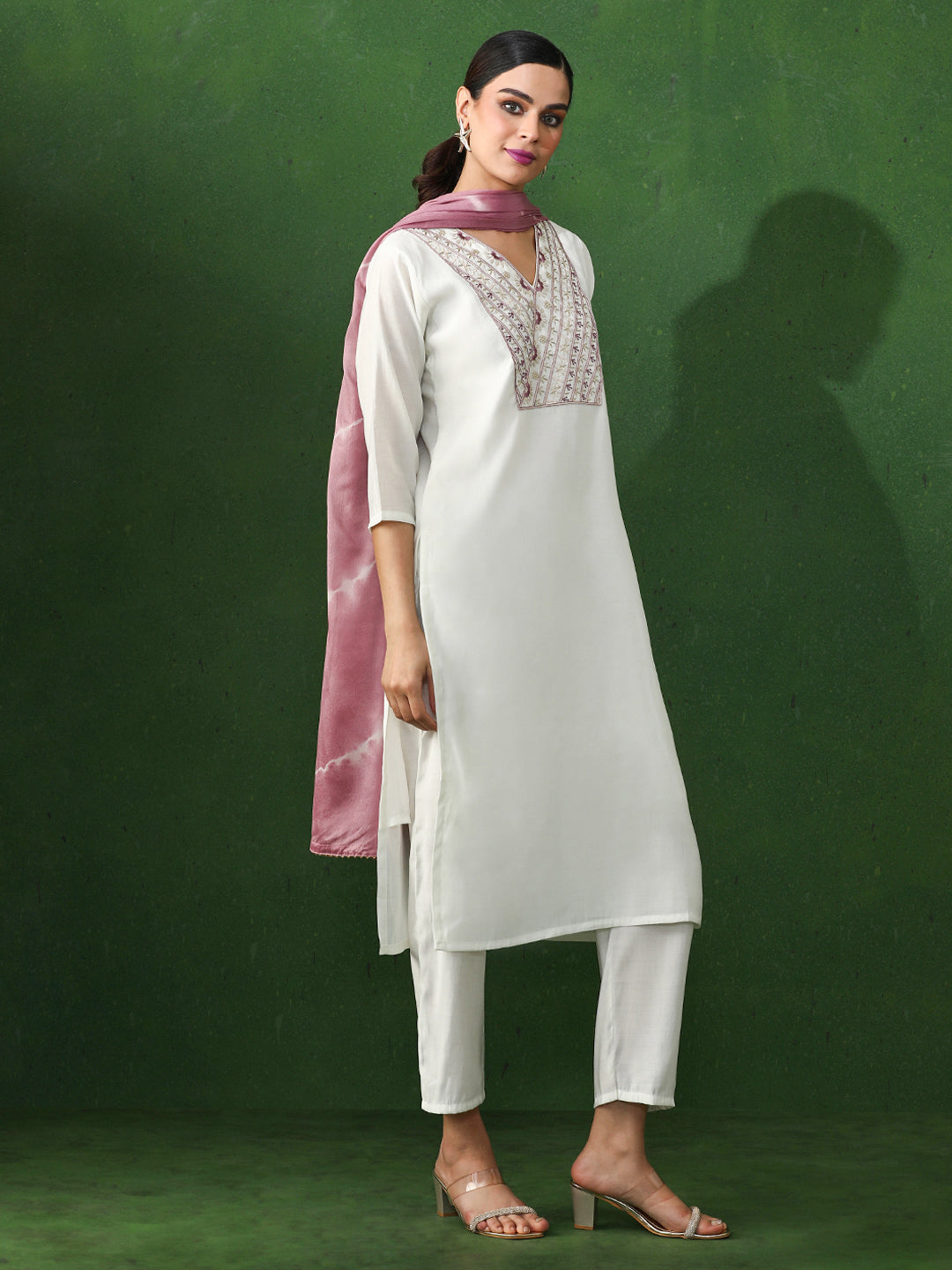 Solid Embroidered Straight Chanderi Silk Kurta & Trousers Sets