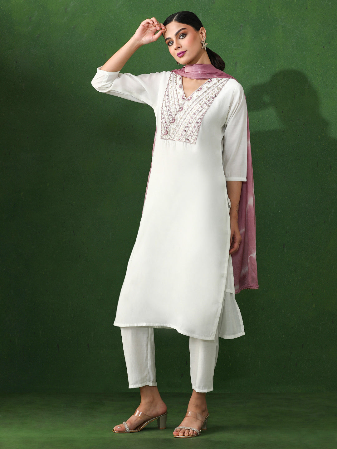 Solid Embroidered Straight Chanderi Silk Kurta & Trousers Sets