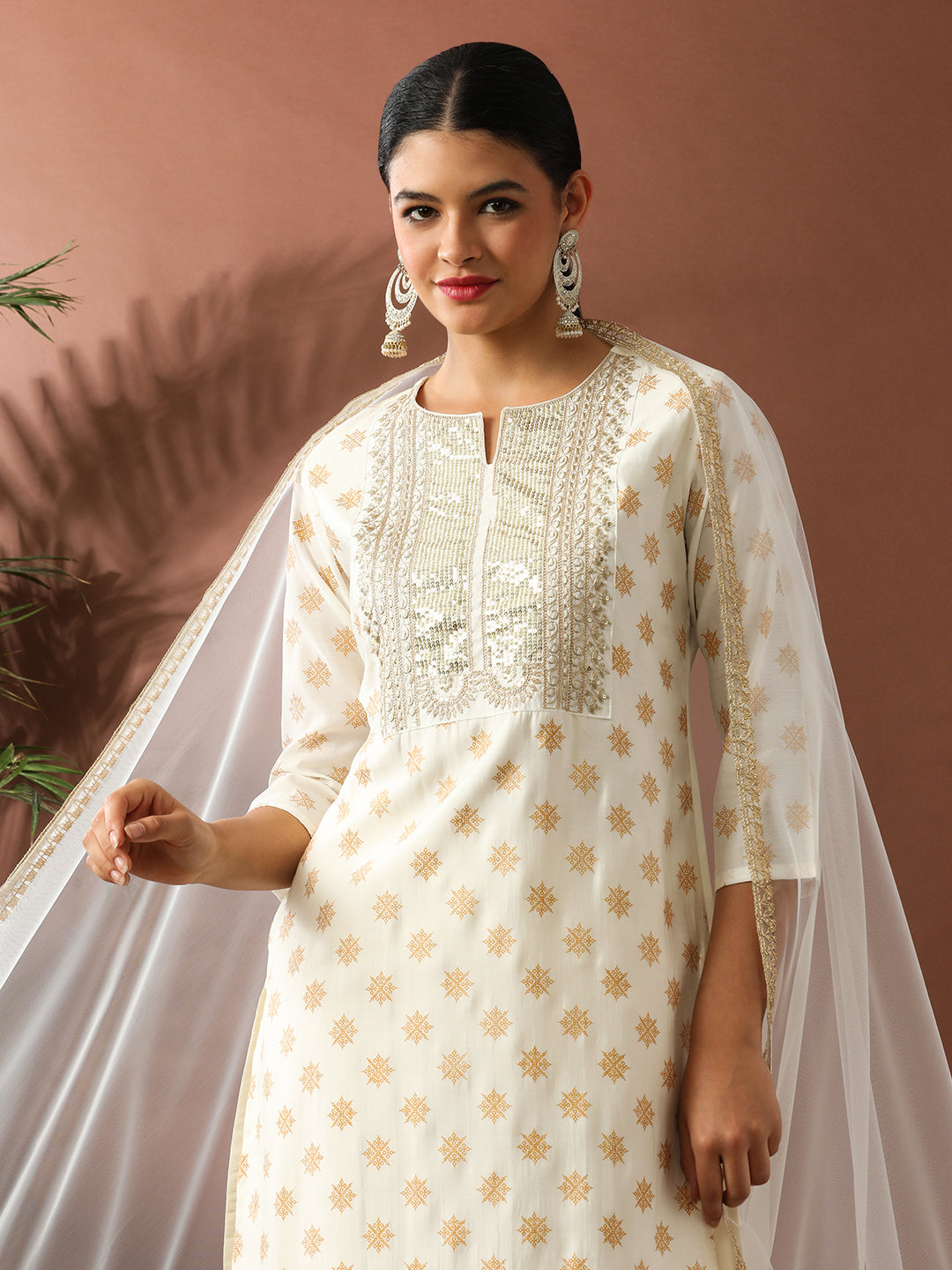 Floral Embroidered Straight Silk Blend Kurta & Trousers Sets