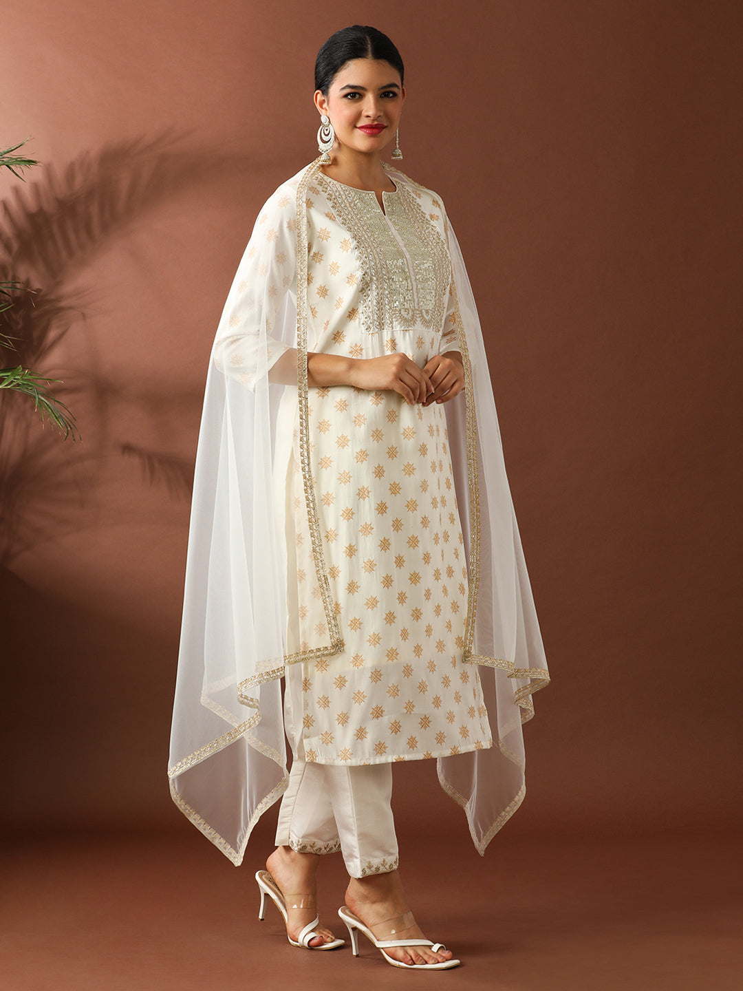 Floral Embroidered Straight Silk Blend Kurta & Trousers Sets