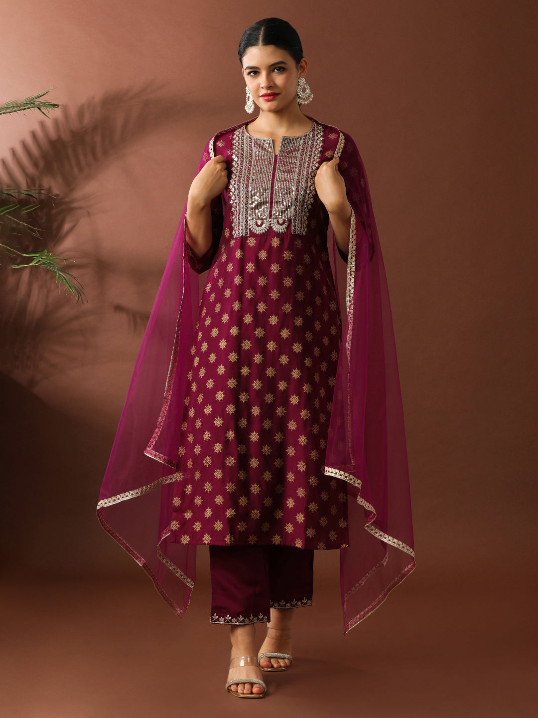 Floral Embroidered Straight Silk Blend Kurta & Trousers Sets