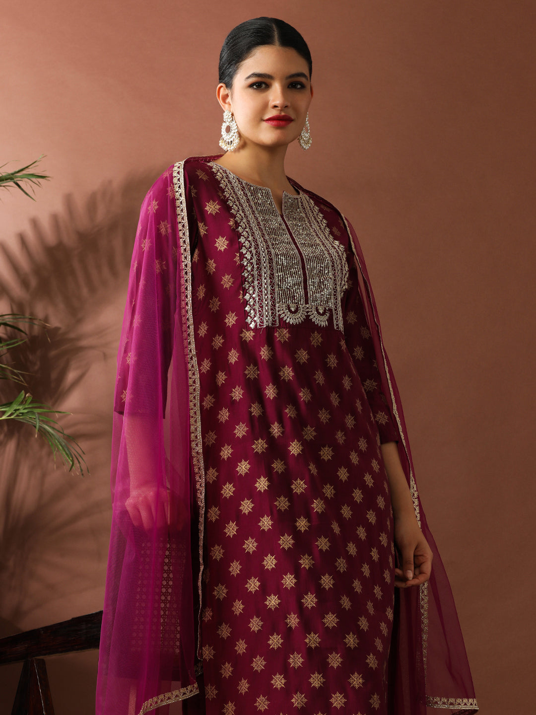 Floral Embroidered Straight Silk Blend Kurta & Trousers Sets