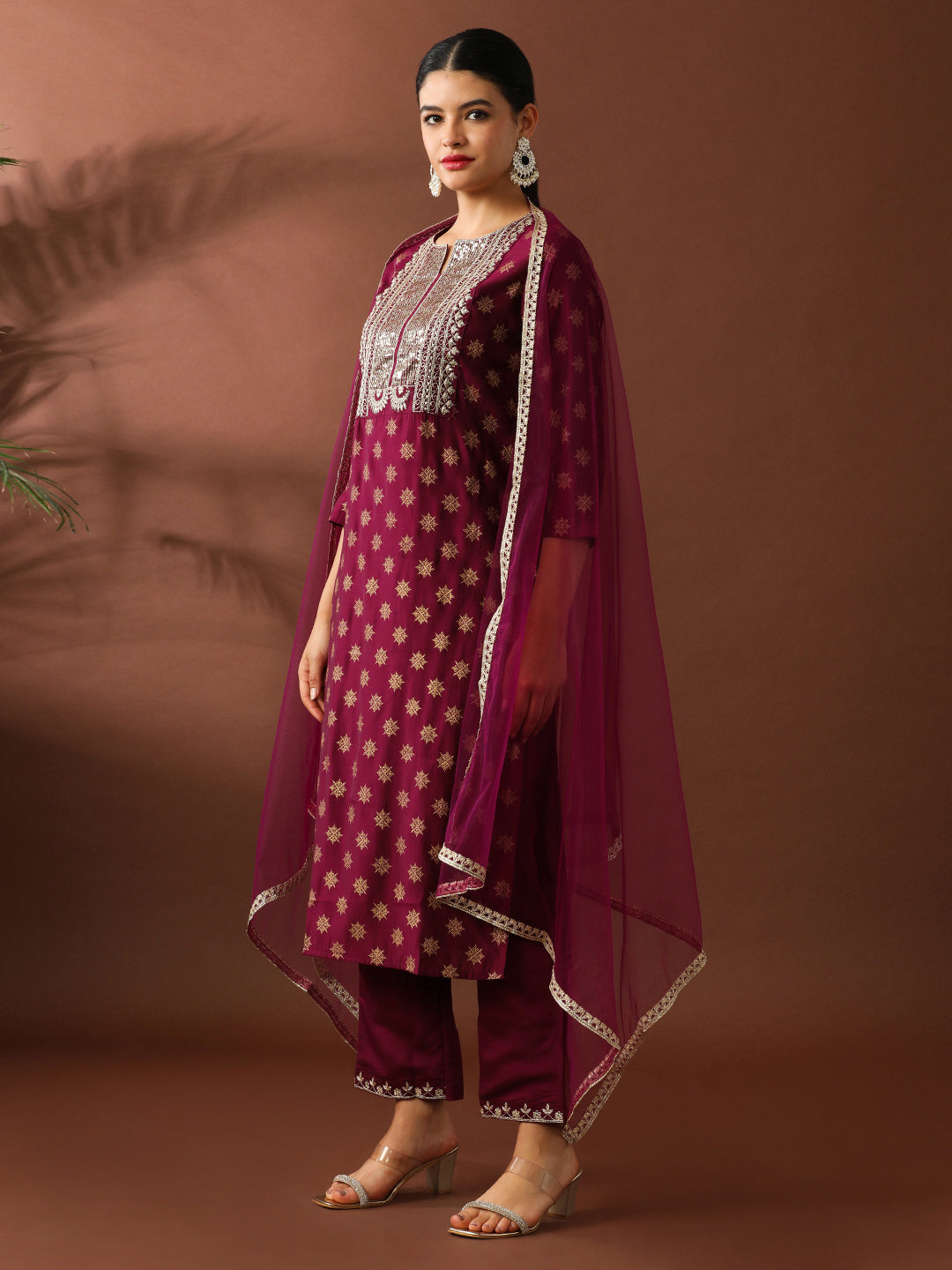 Floral Embroidered Straight Silk Blend Kurta & Trousers Sets