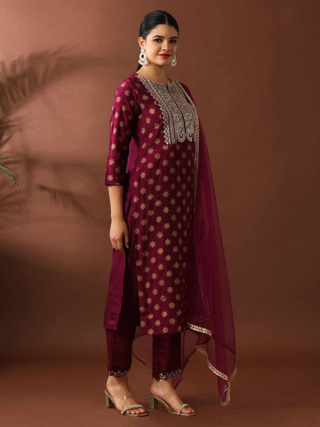 Floral Embroidered Straight Silk Blend Kurta & Trousers Sets