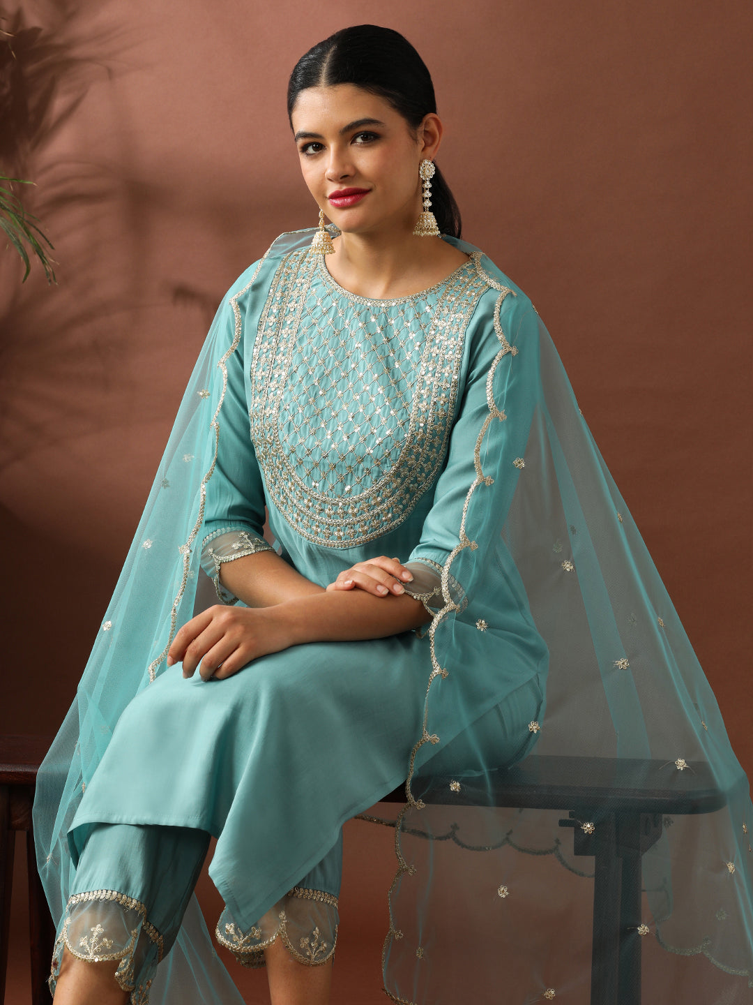 Floral Embroidered Straight Silk Blend Kurta & Trousers Sets