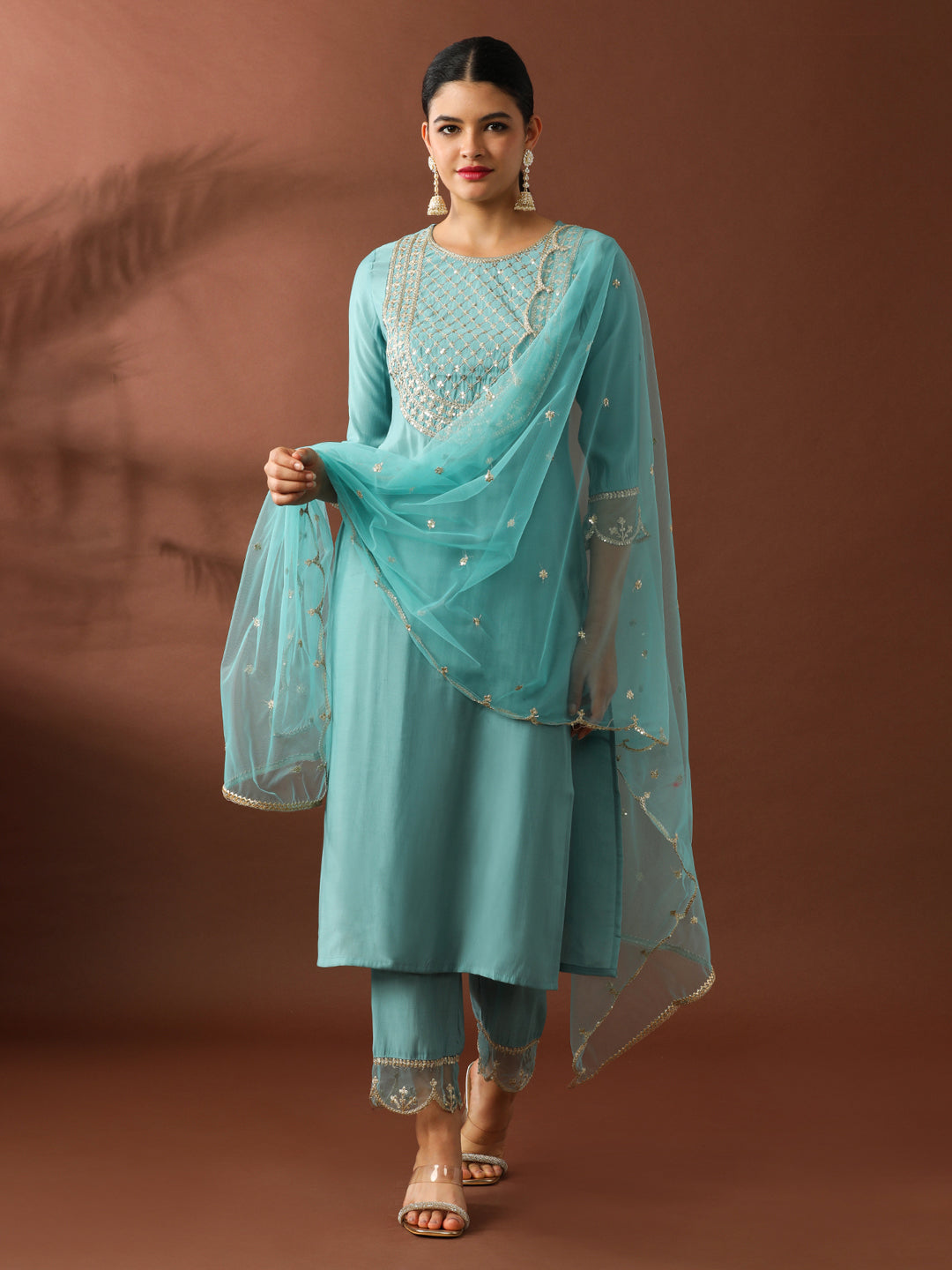 Floral Embroidered Straight Silk Blend Kurta & Trousers Sets