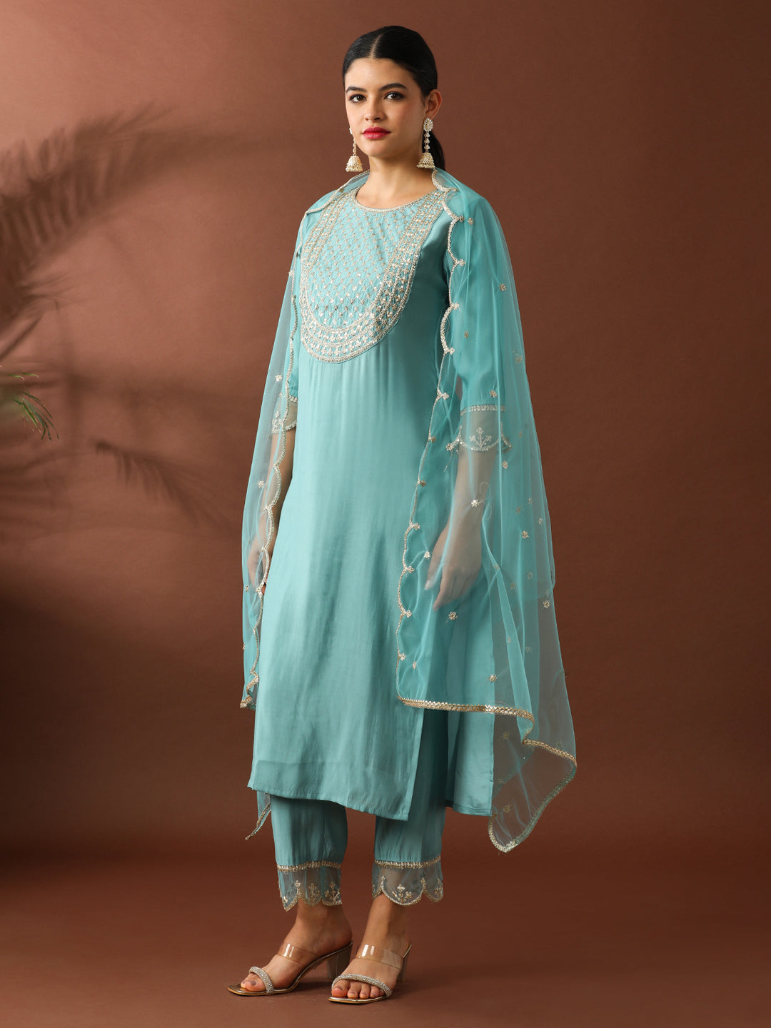 Floral Embroidered Straight Silk Blend Kurta & Trousers Sets