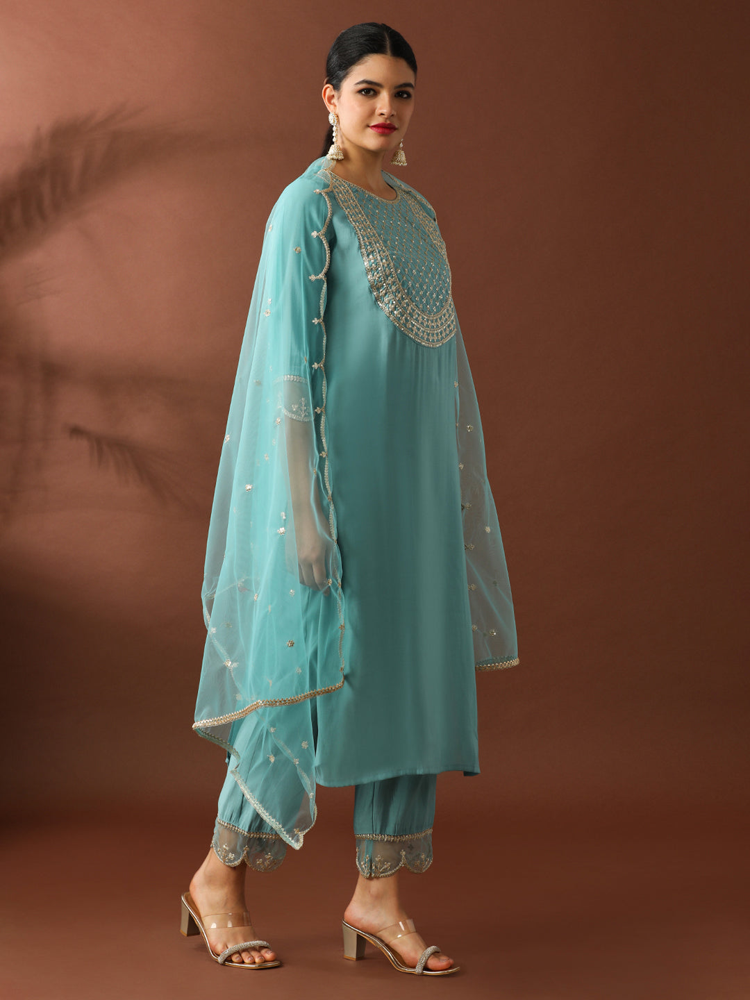 Floral Embroidered Straight Silk Blend Kurta & Trousers Sets