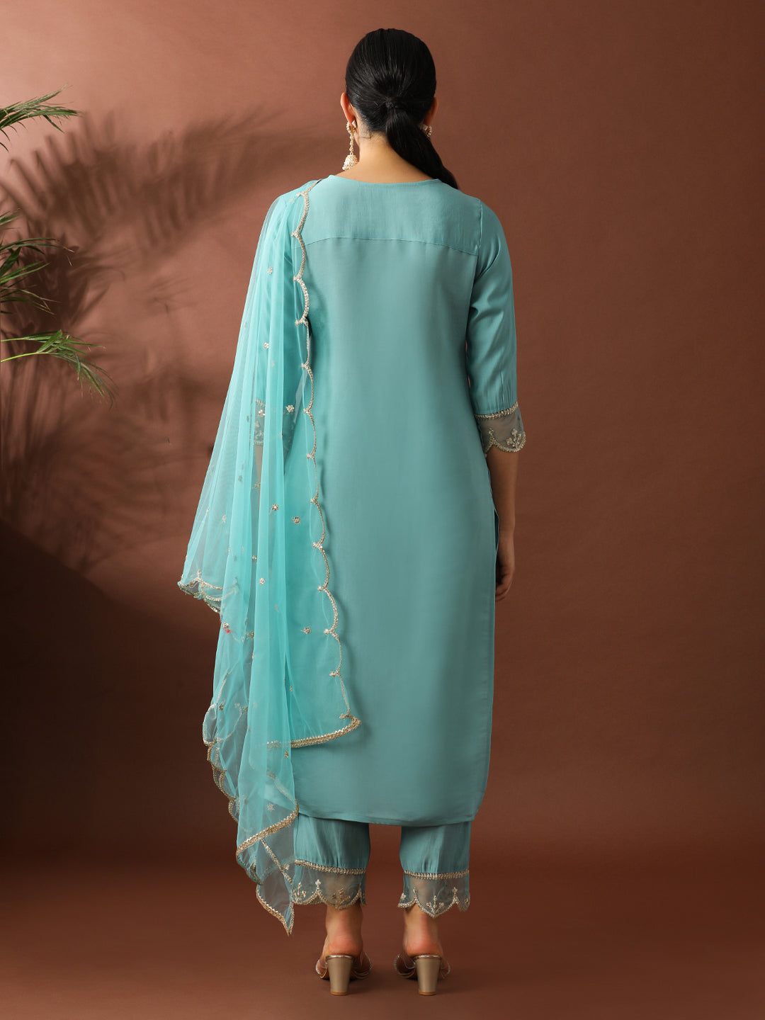 Floral Embroidered Straight Silk Blend Kurta & Trousers Sets
